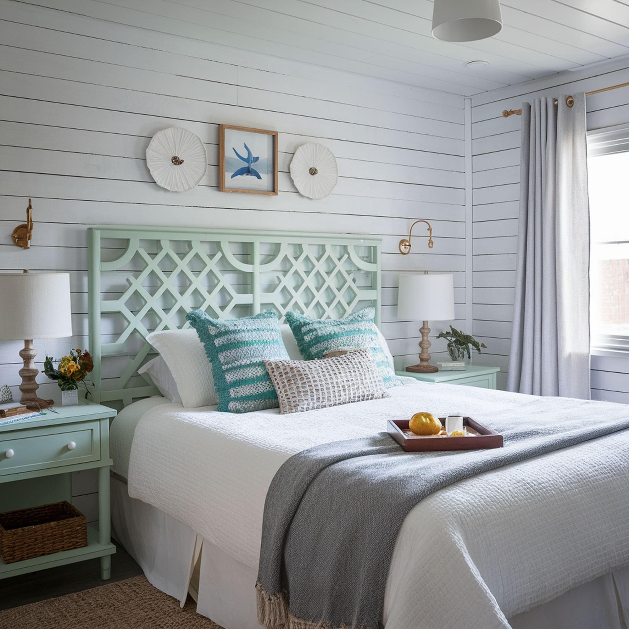 Beach Inspired Bedroom With Trellis Headboard