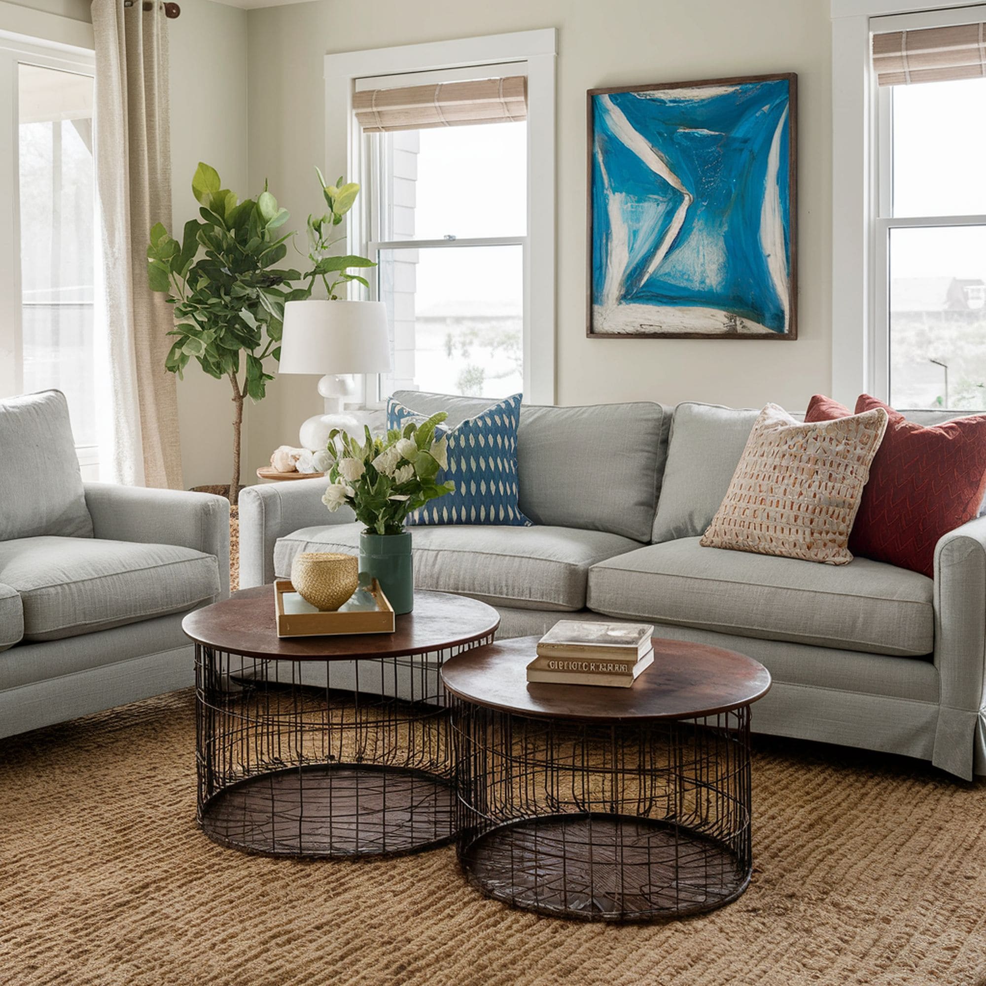 Beach Inspired Living Room With Industrial Coffee Tables