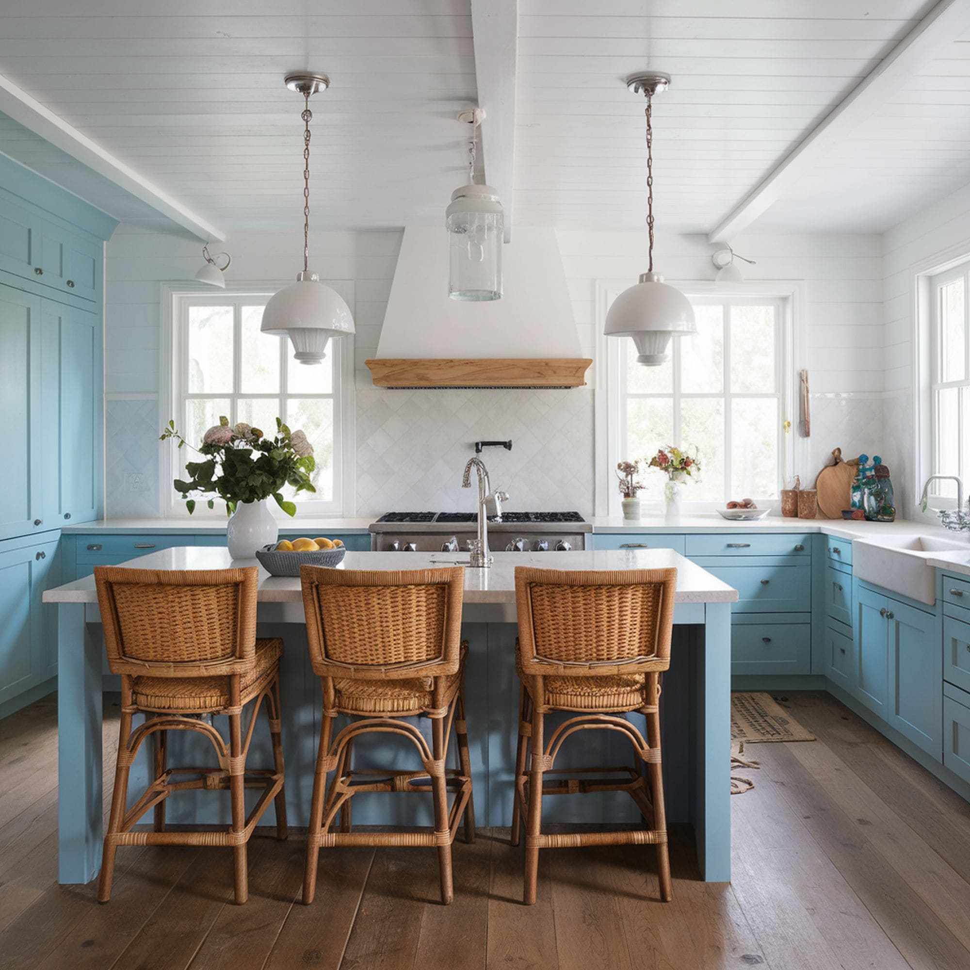 Beach Inspired Kitchen With Rattan Stools