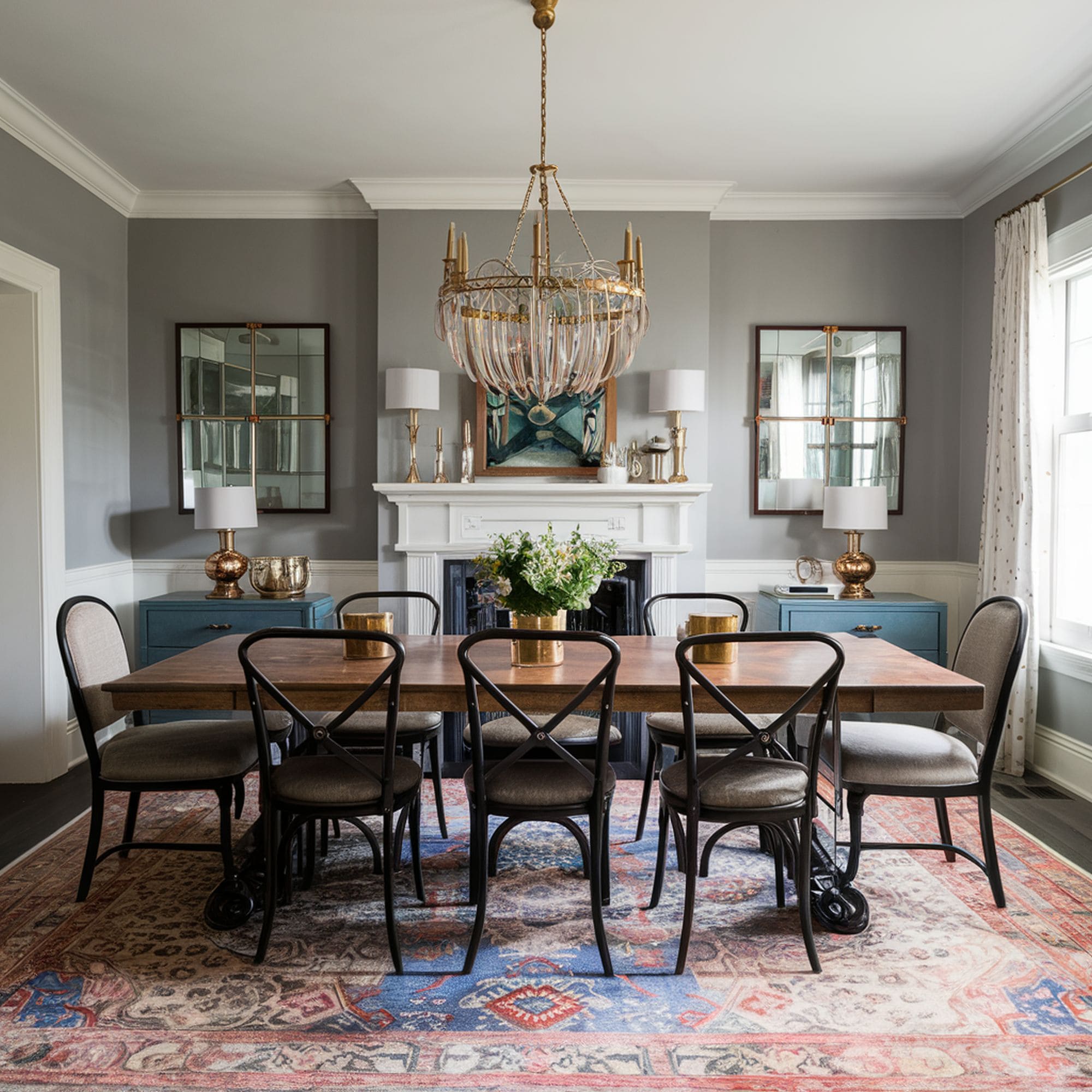 Gray Dining Room With Fireplace