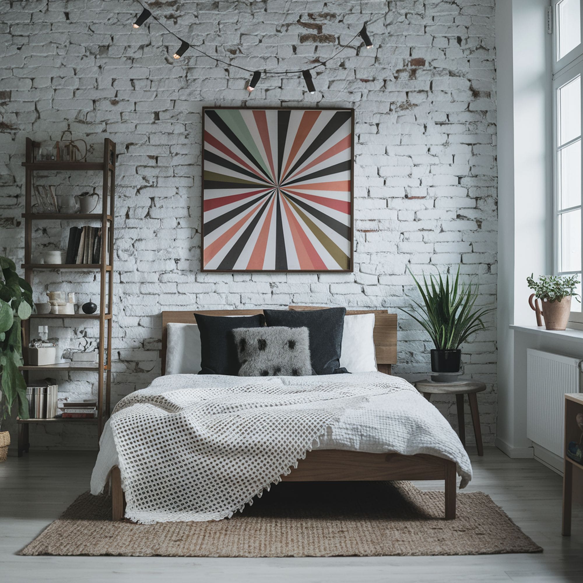 Industrial Bedroom Featuring String Lights