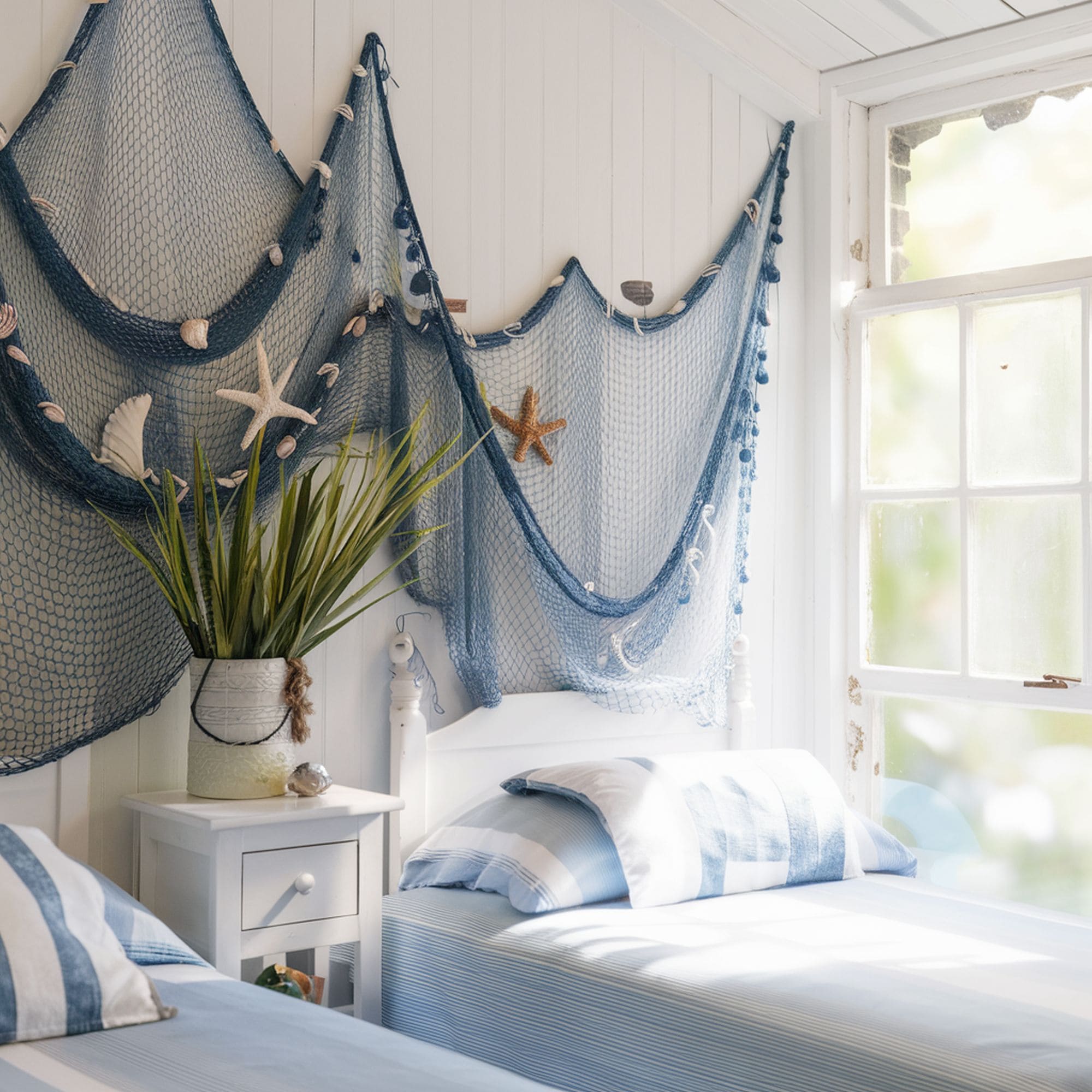 Beach Inspired Bedroom With Decorative Fishing Nets