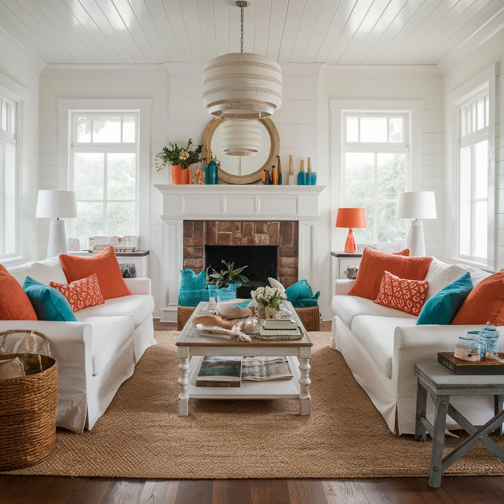 Beach Inspired Living Room With Turquoise and Orange Accents