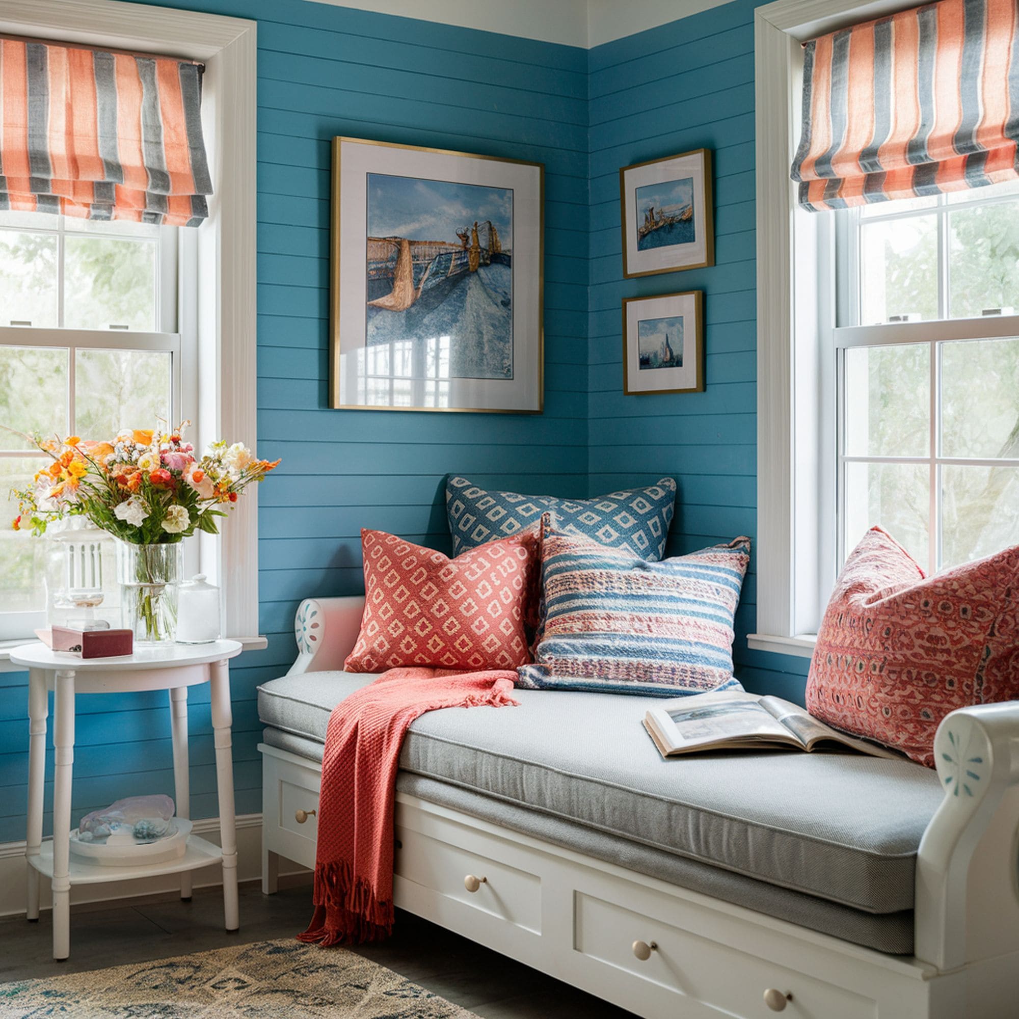 Beach Inspired Blue and Orange Reading Nook