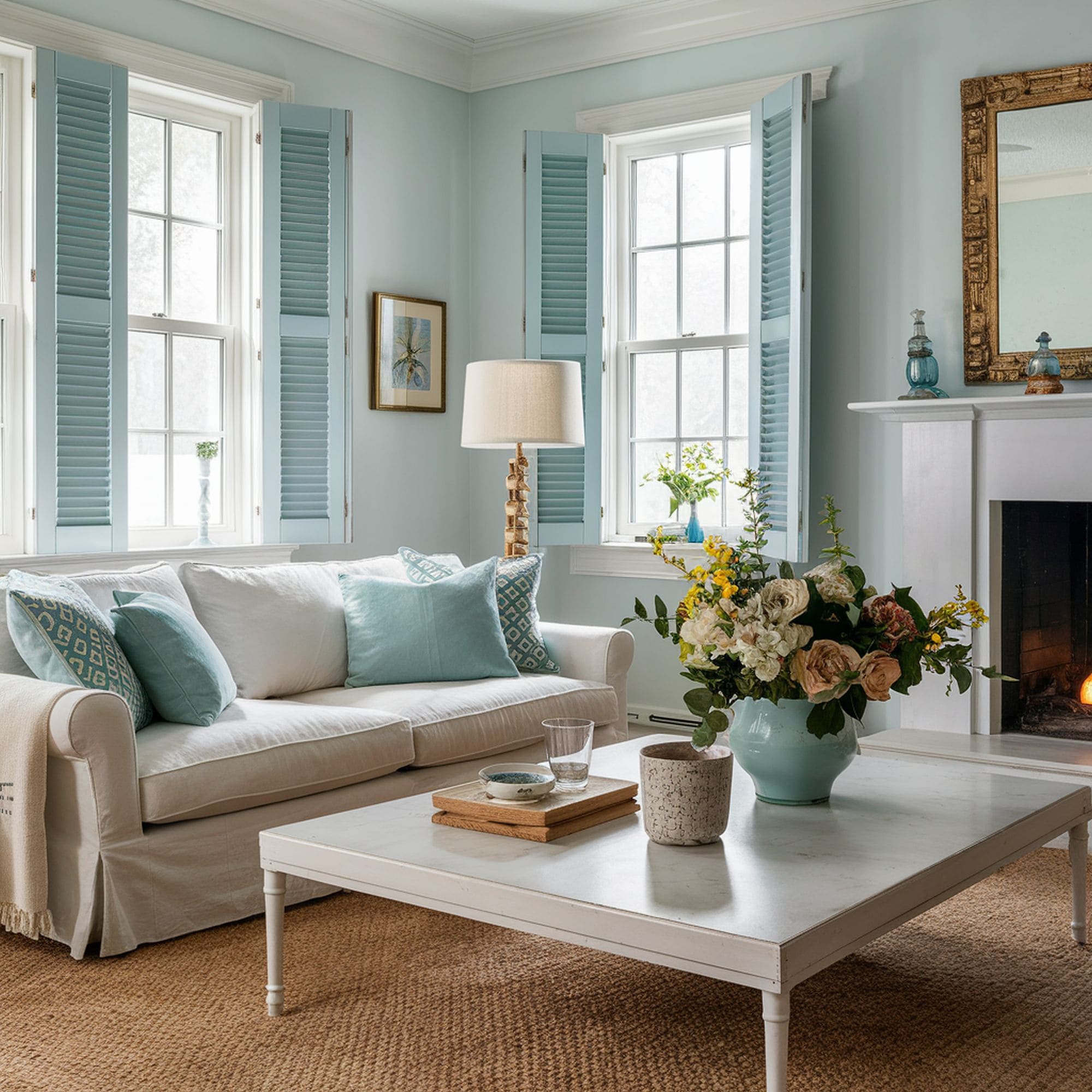 Beach Inspired Living Room With Window Shutters