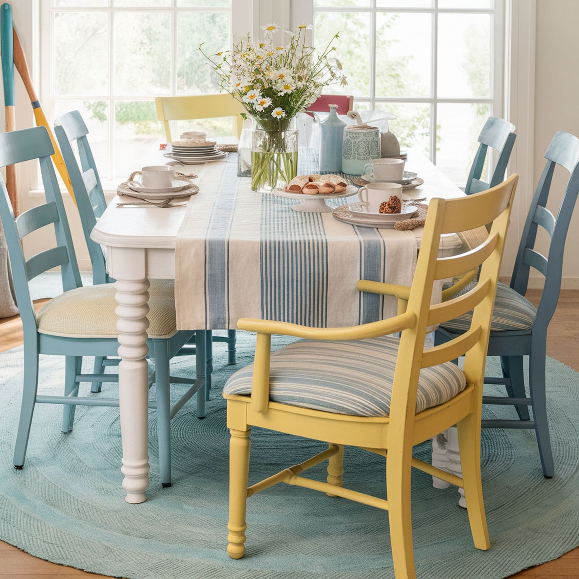 Beach Inspired Dining Room With Multicolored Chairs