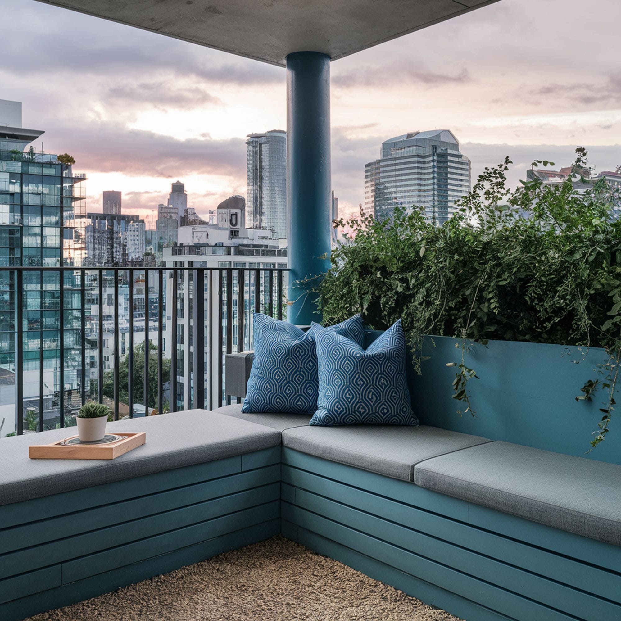 Apartment Balcony With Blue Bench
