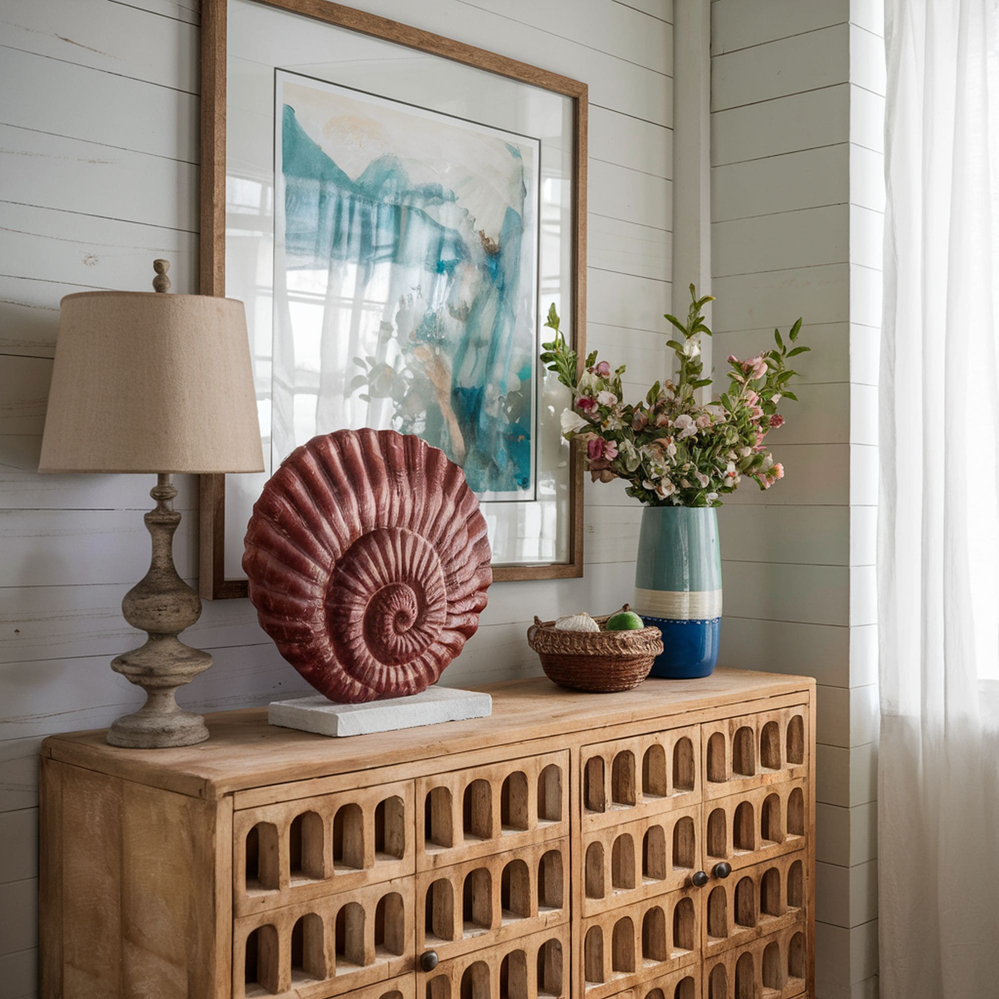 Beach Inspired Console Table With Seashell Decoration