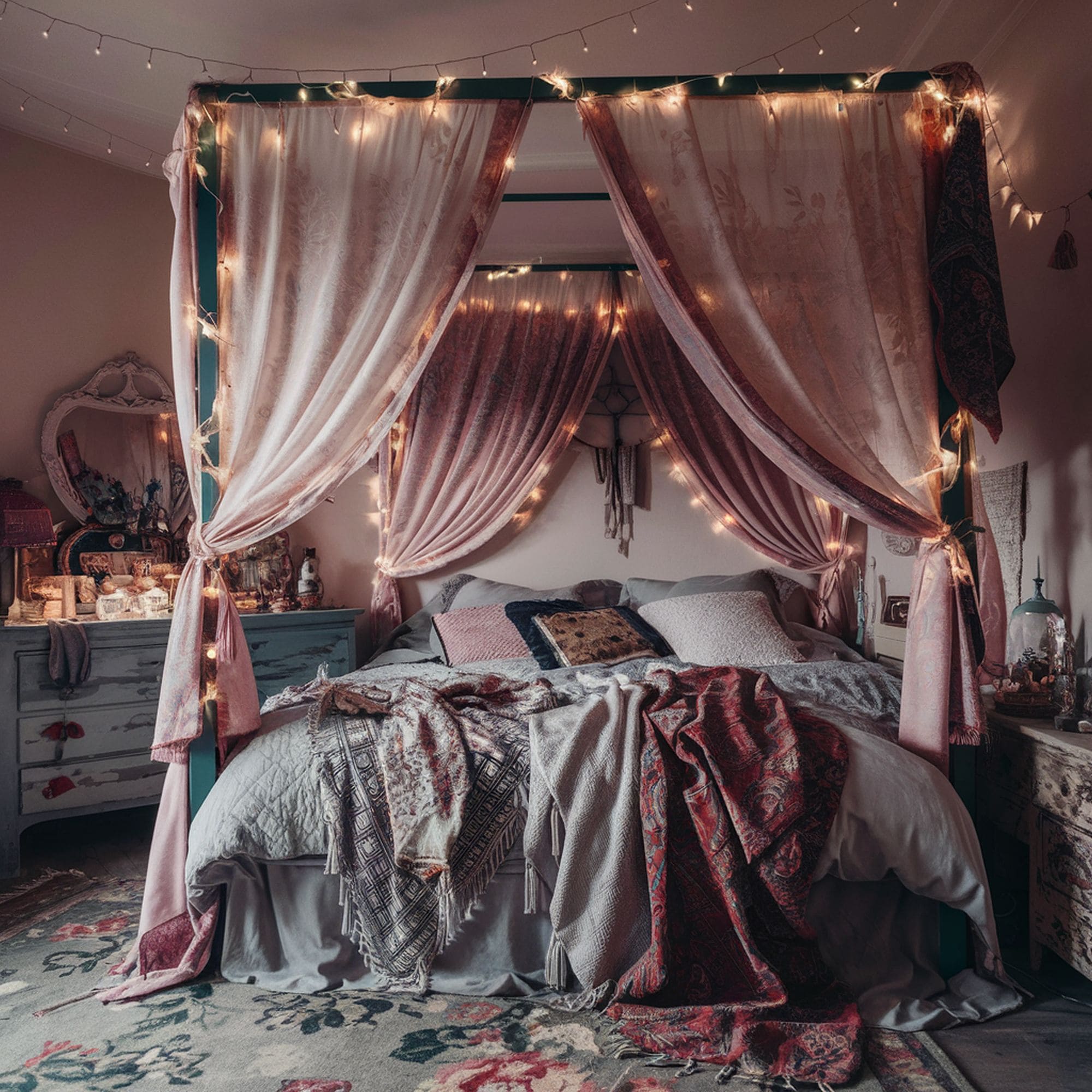 Cozy Canopy Bed With Fairy Lights