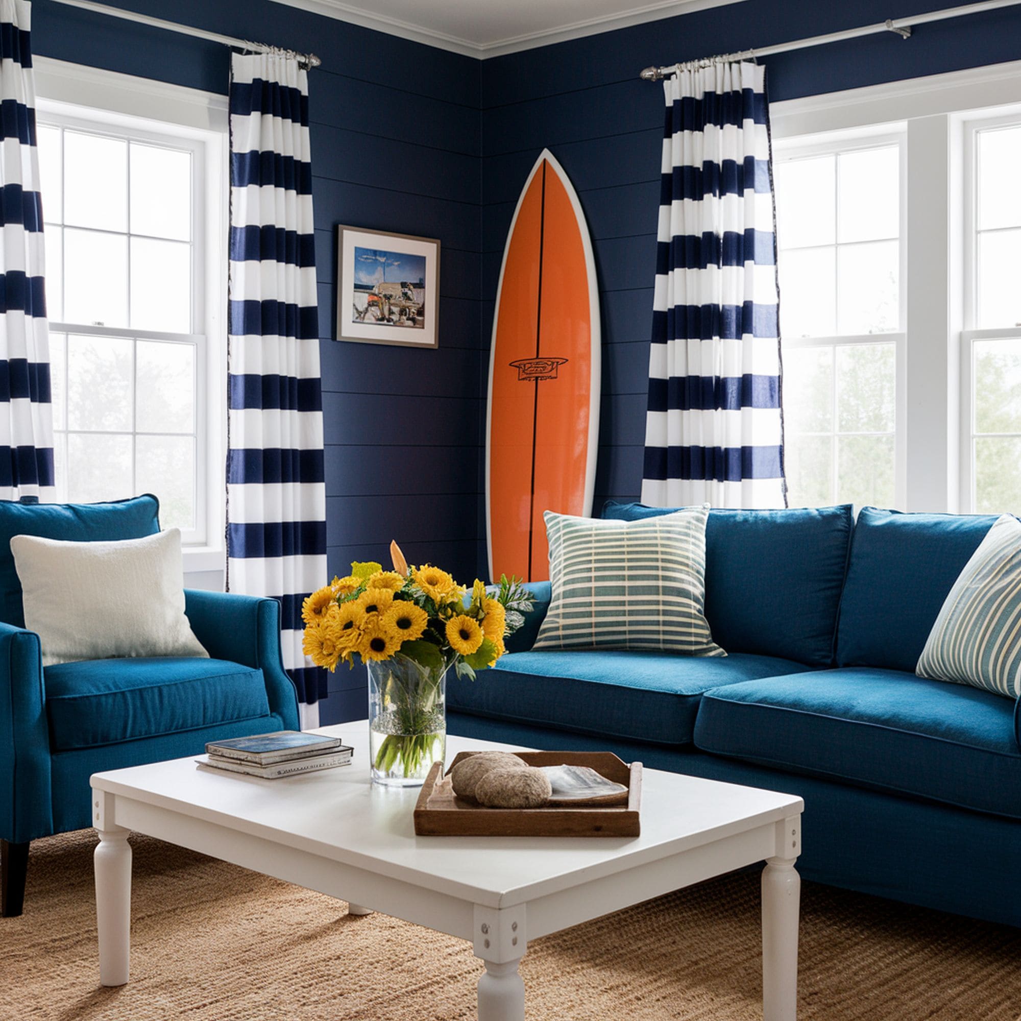 Beach Inspired Living Room With Navy Blue Walls