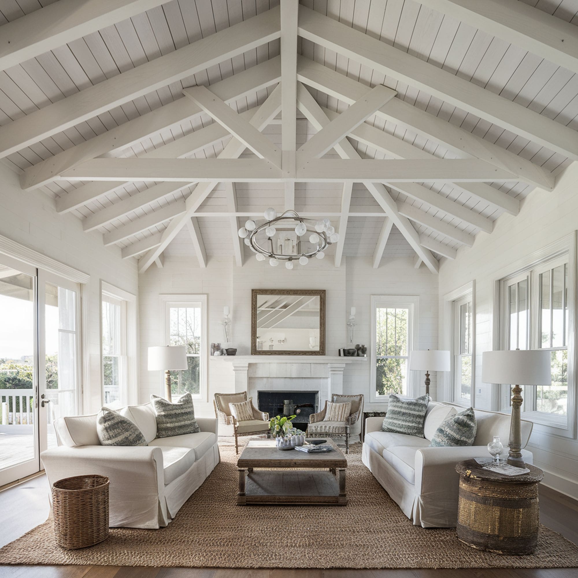 Beach Inspired Living Room With Geometric Ceiling