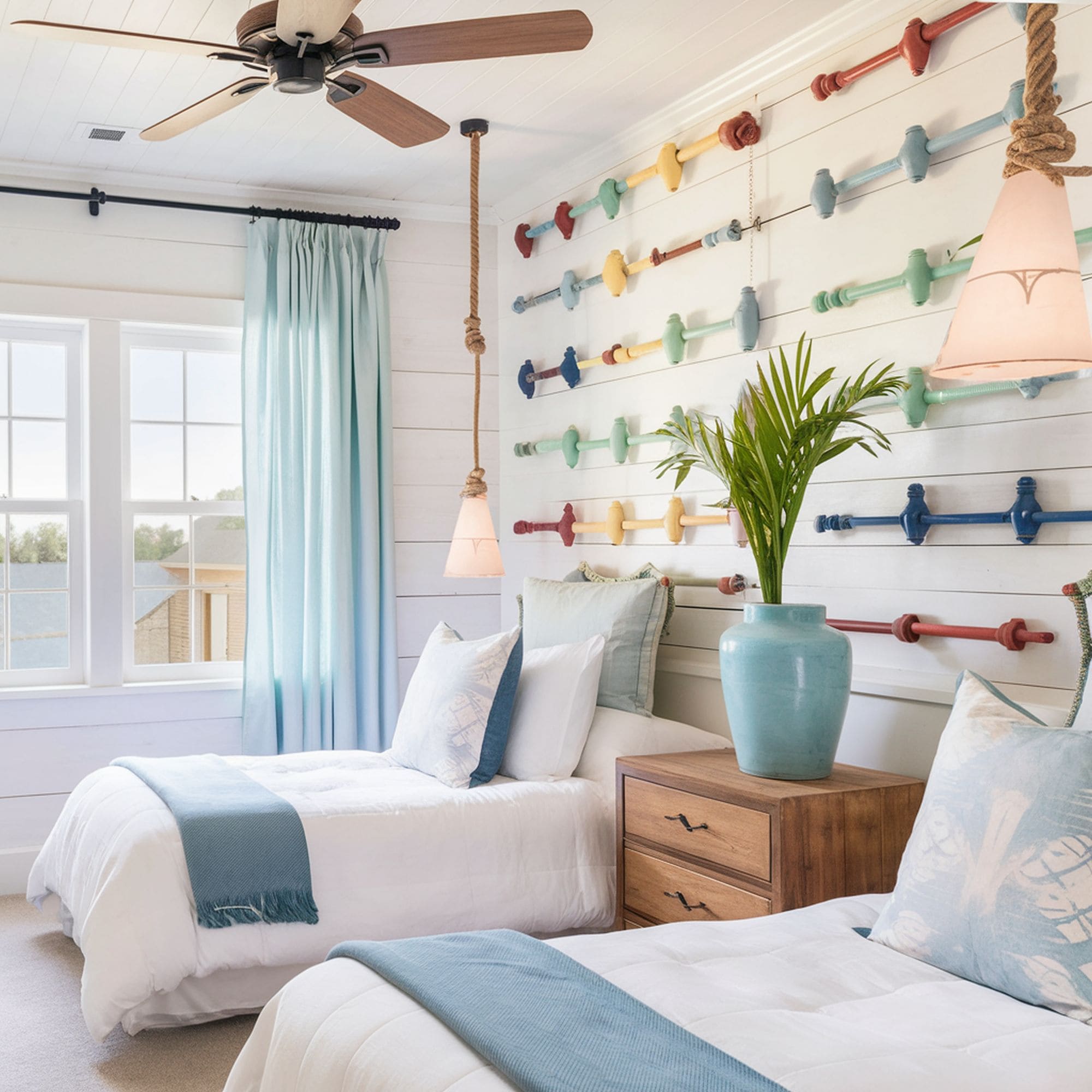 Beach Inspired Guest Bedroom With Rope Pendant Lights