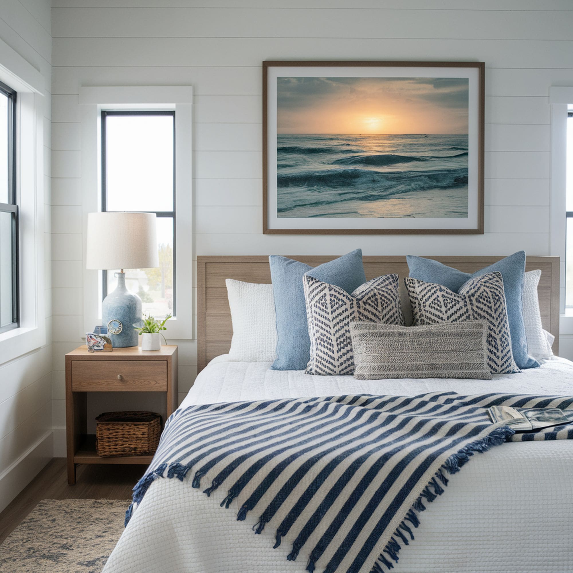 Beach Inspired Bedroom With Striped Throw Blanket