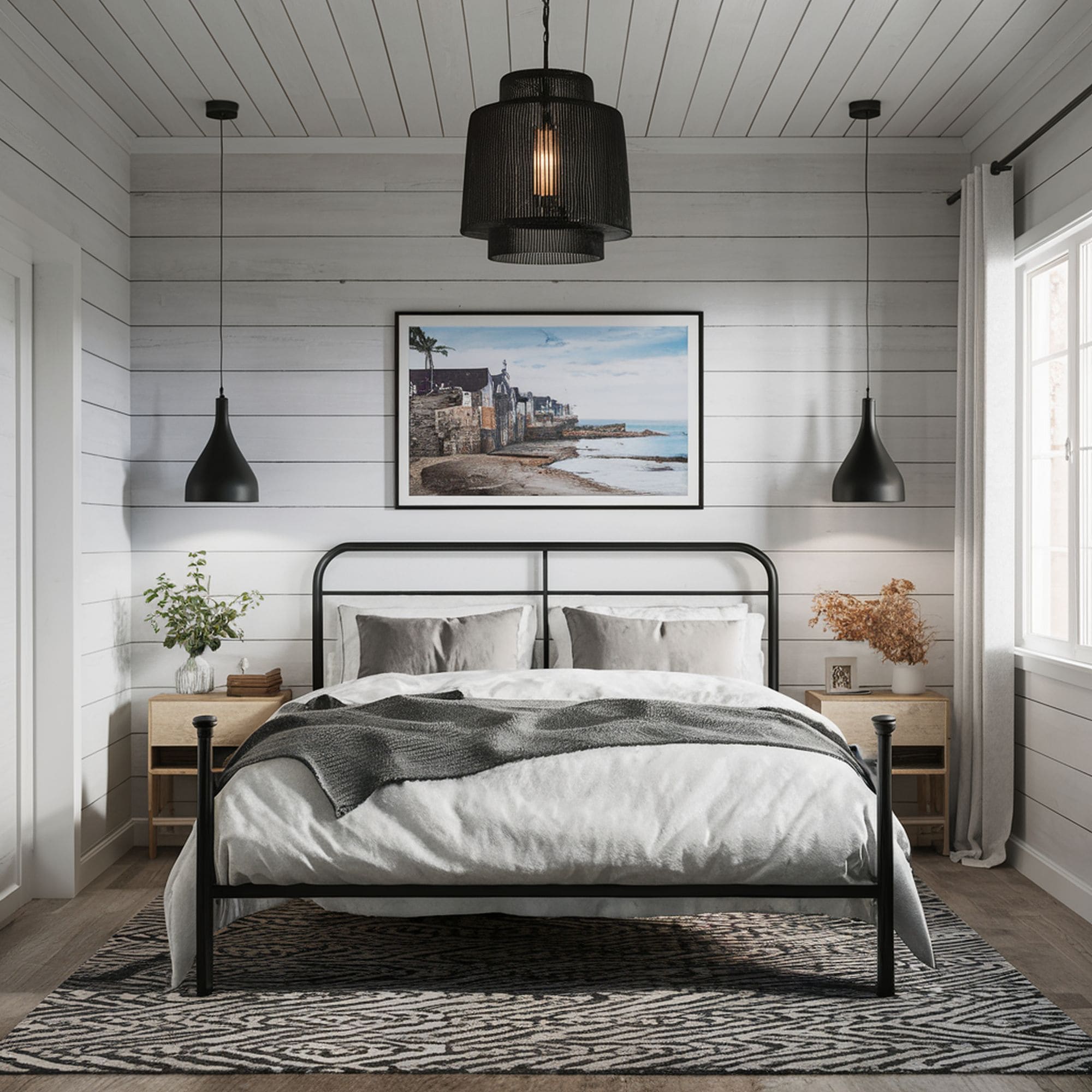 Beach Inspired Bedroom With Modern Black Bed