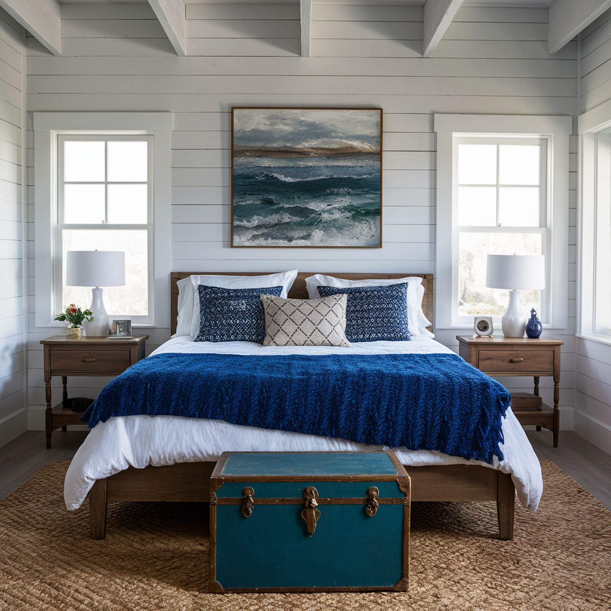 Beach Inspired Bedroom With Blue Trunk