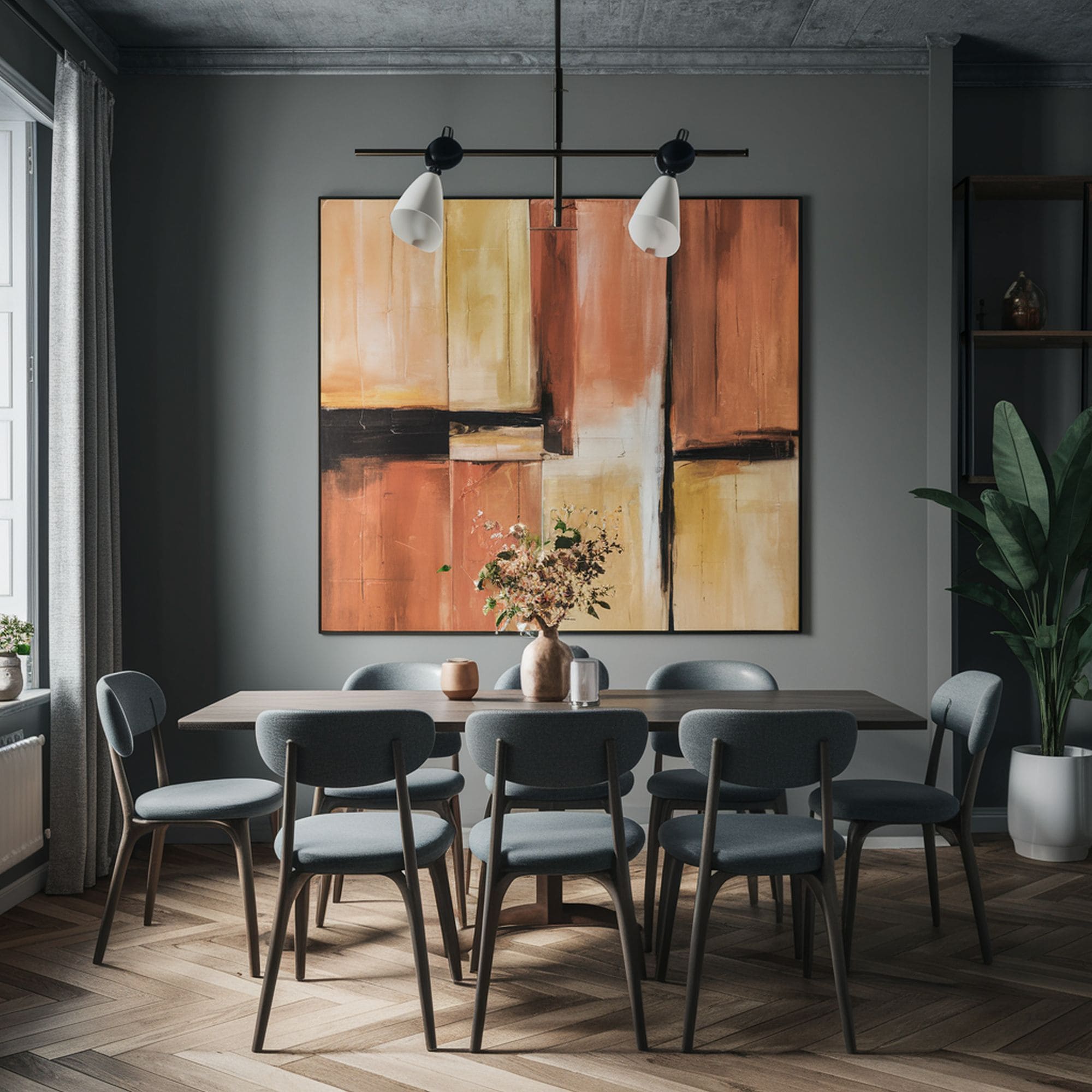 Gray Dining Room with Warm Tone Artwork