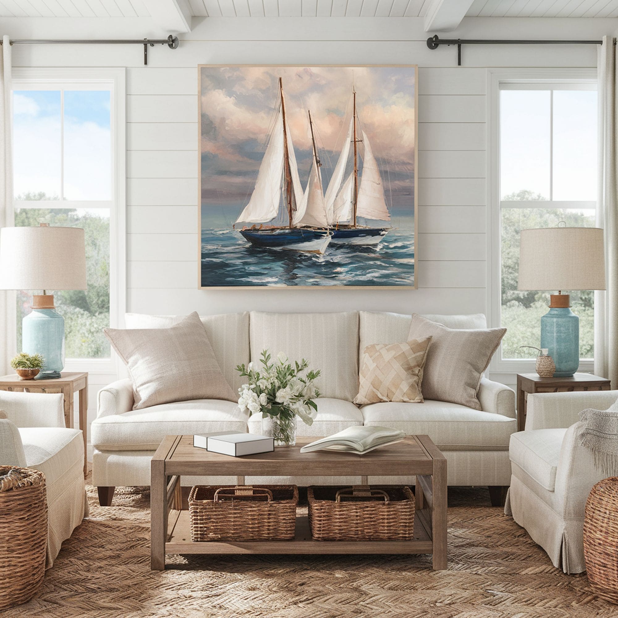 Beach Inspired Living Room With Sailboat Artwork