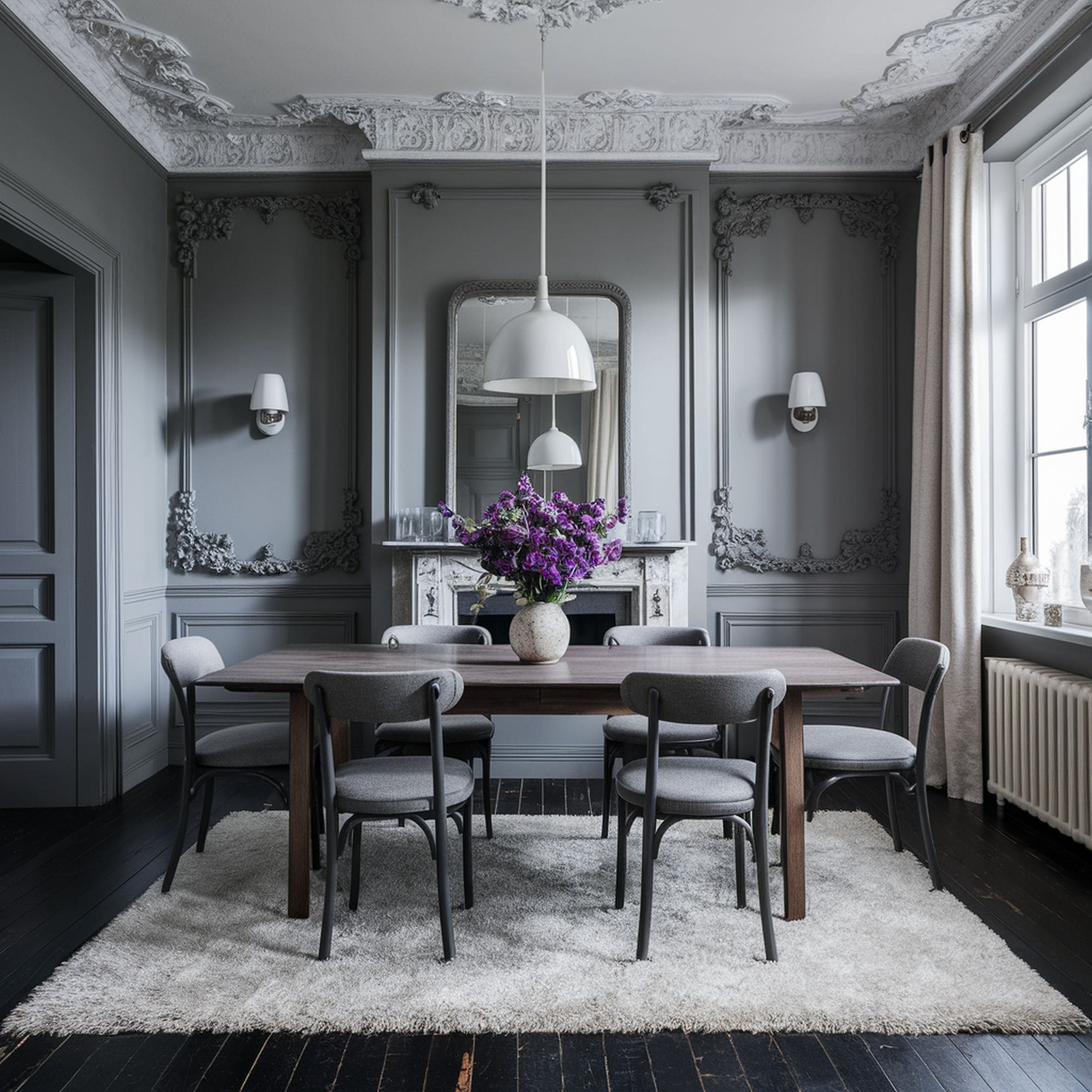Gray Dining Room with Cozy White Area Rug