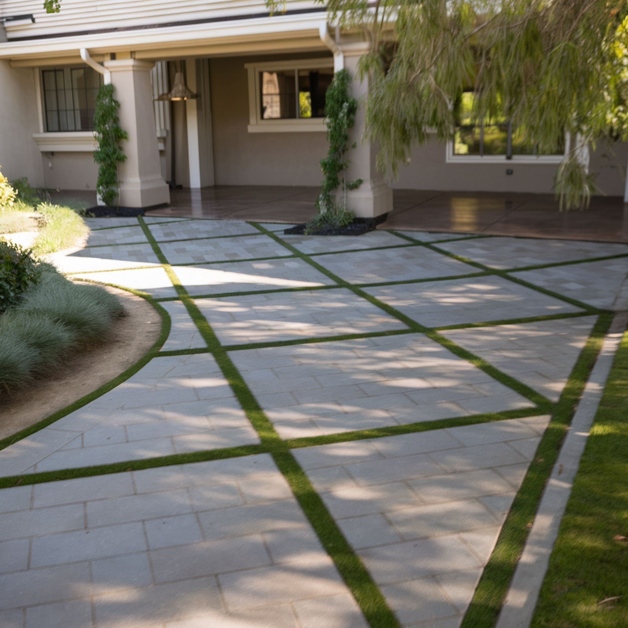 Patio Paver Design With Green Grass Accents