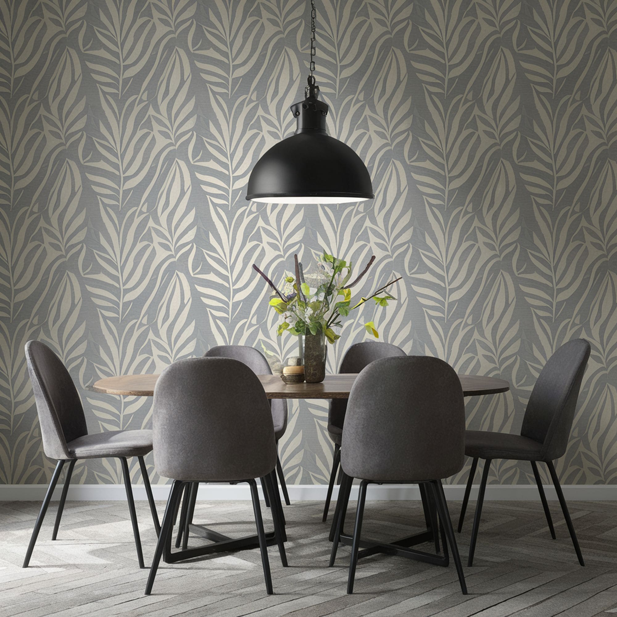 Gray Dining Room With Patterned Wallpaper