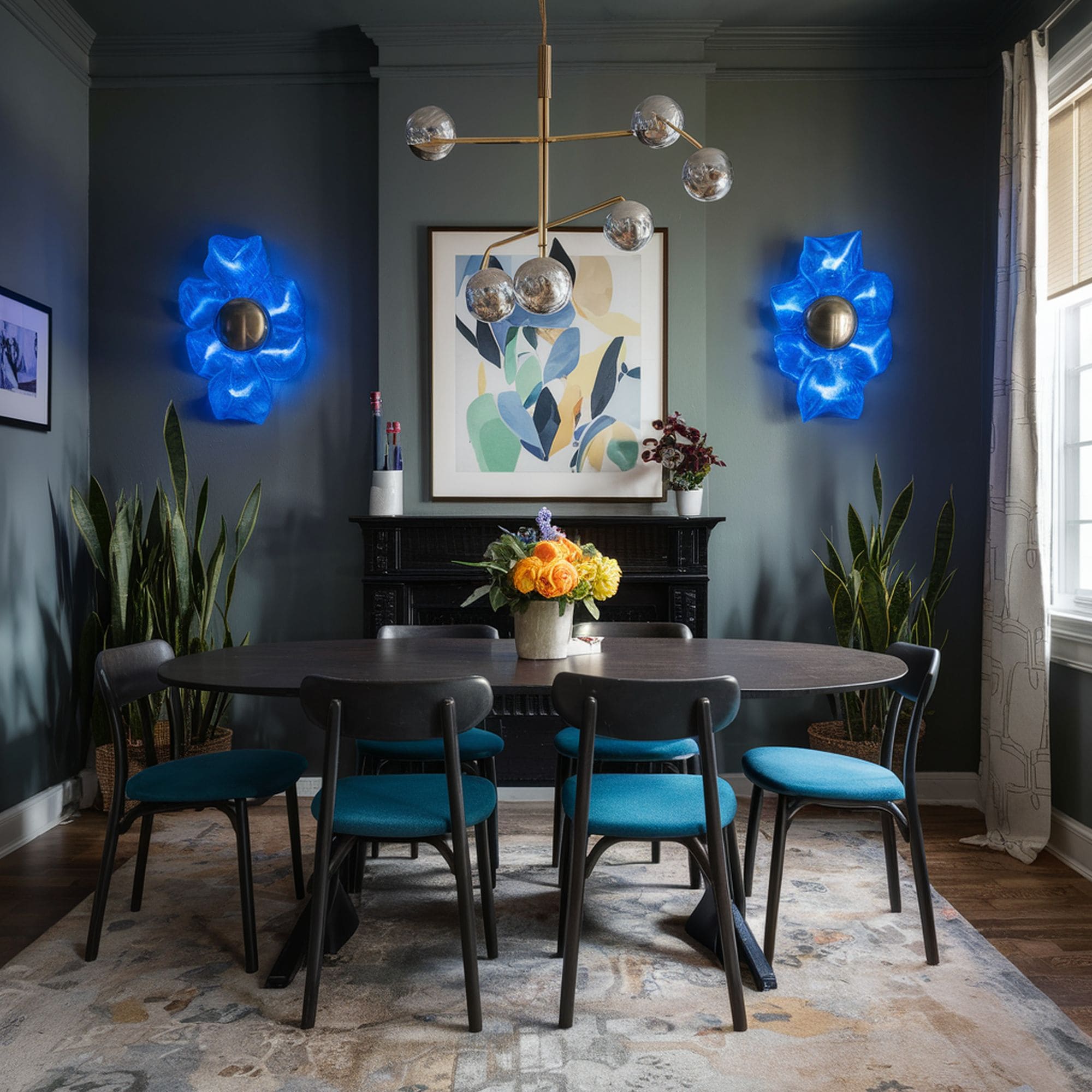 Gray Dining Room With Blue Accents