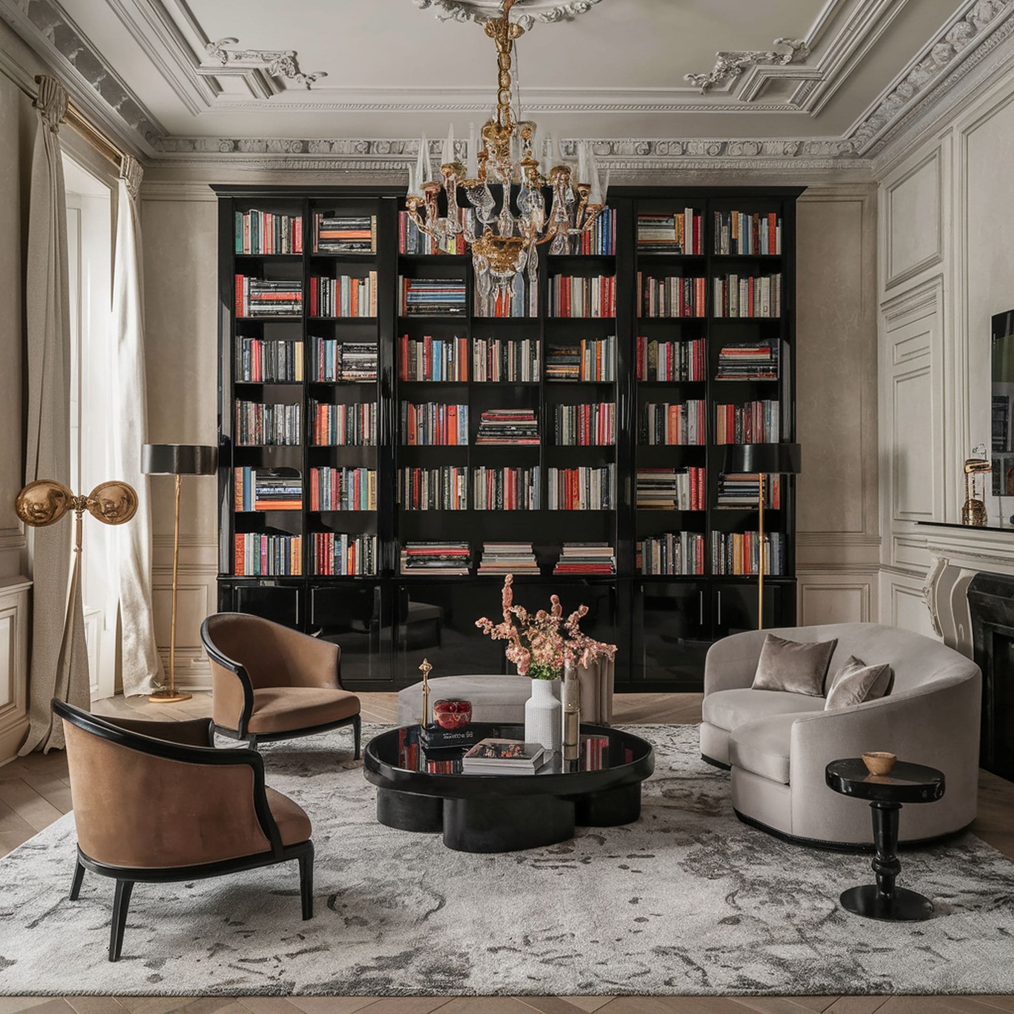 Parisian Style Living Room With Black Bookcase