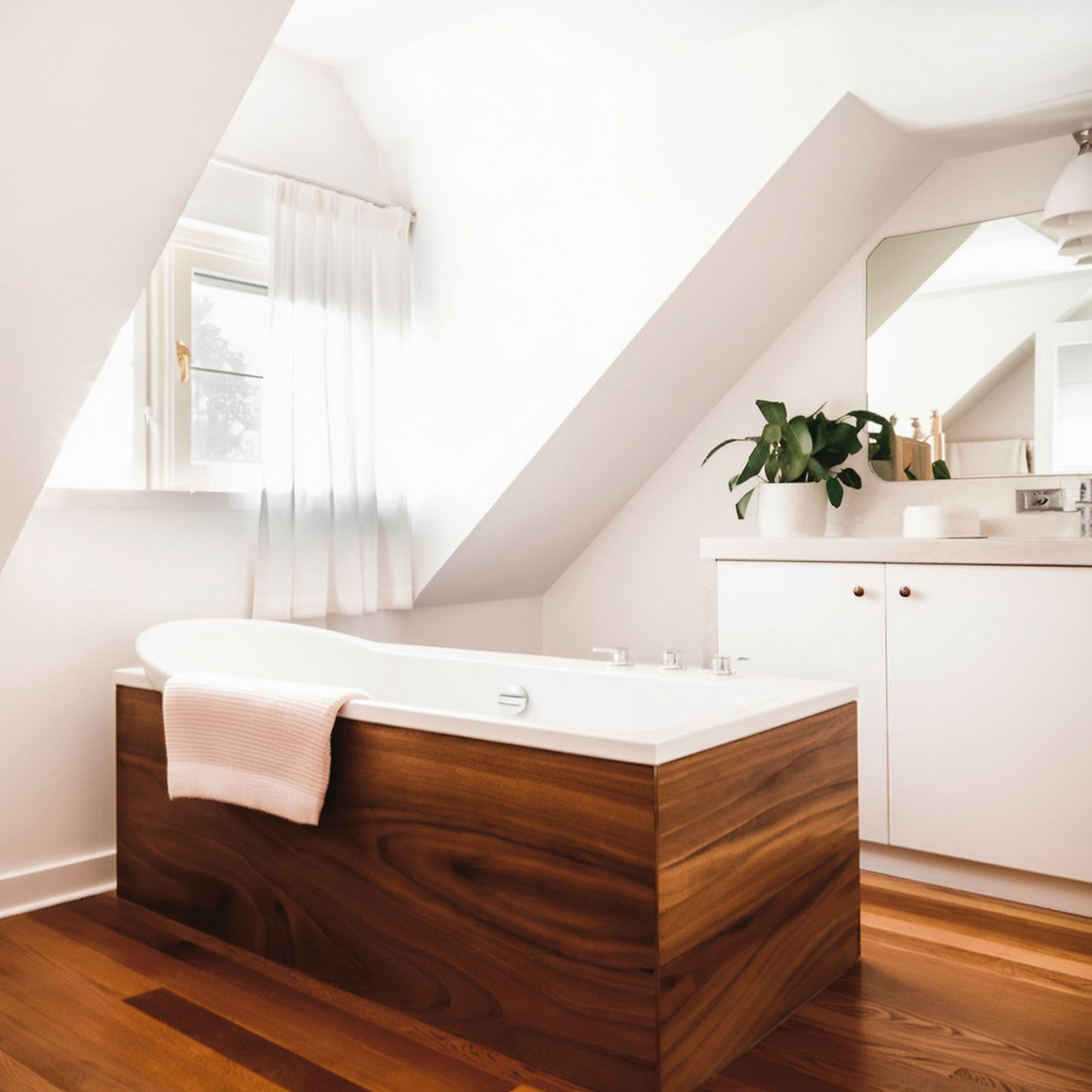 Attic Bathroom With Wood Paneled Bathtub