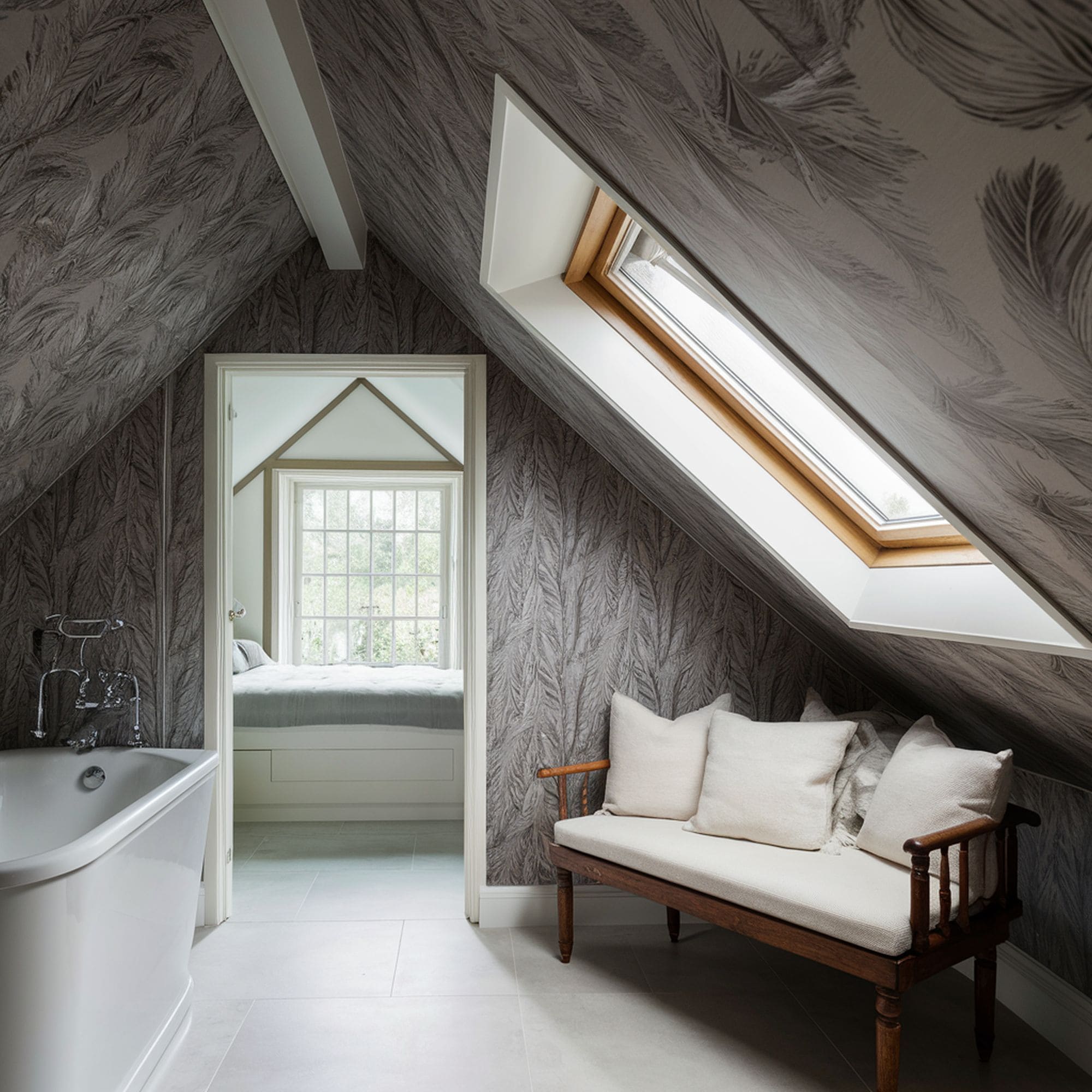 Attic Bathroom With Gray Feather Patterned Wallpaper