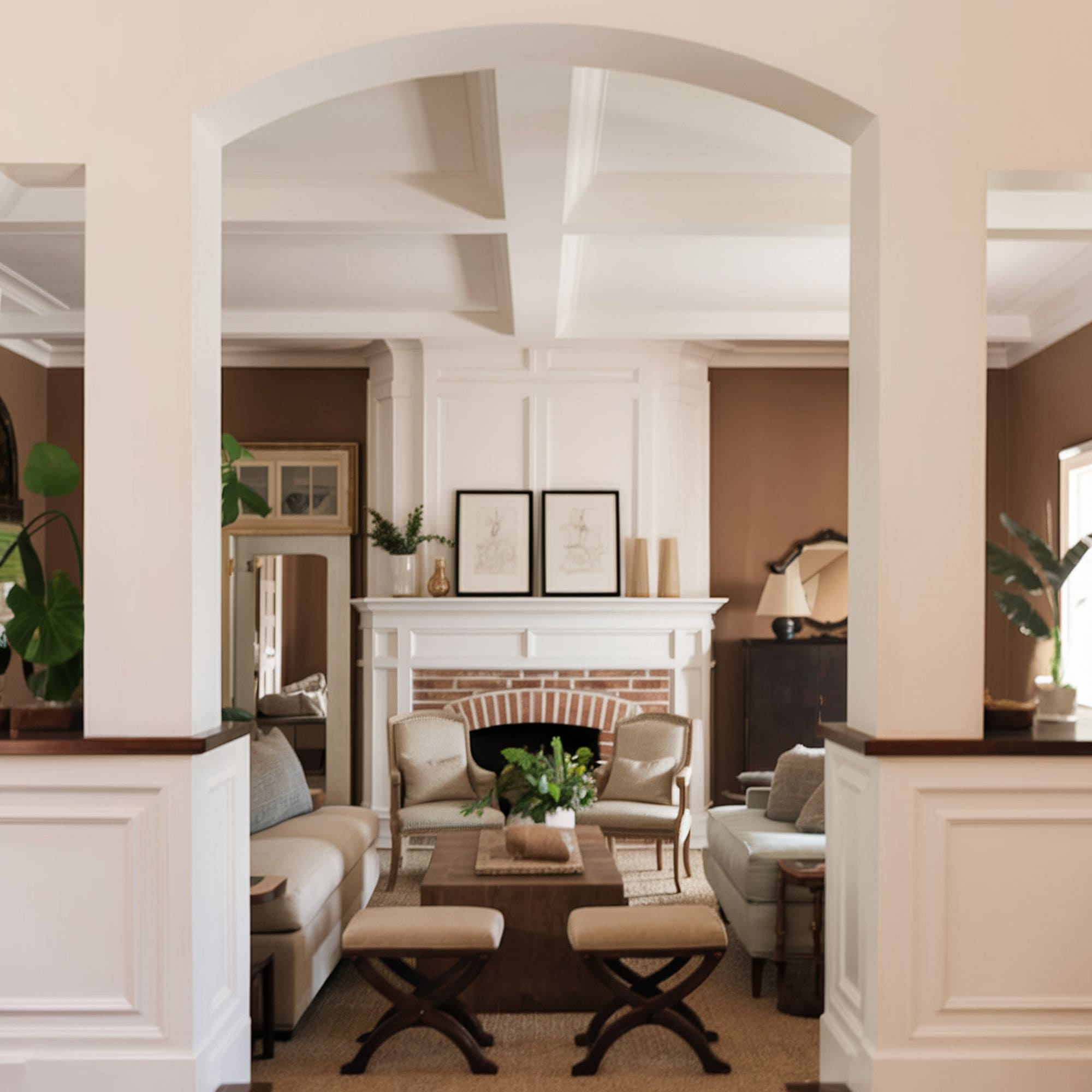 Arched Doorway Contrasting With Fireplace