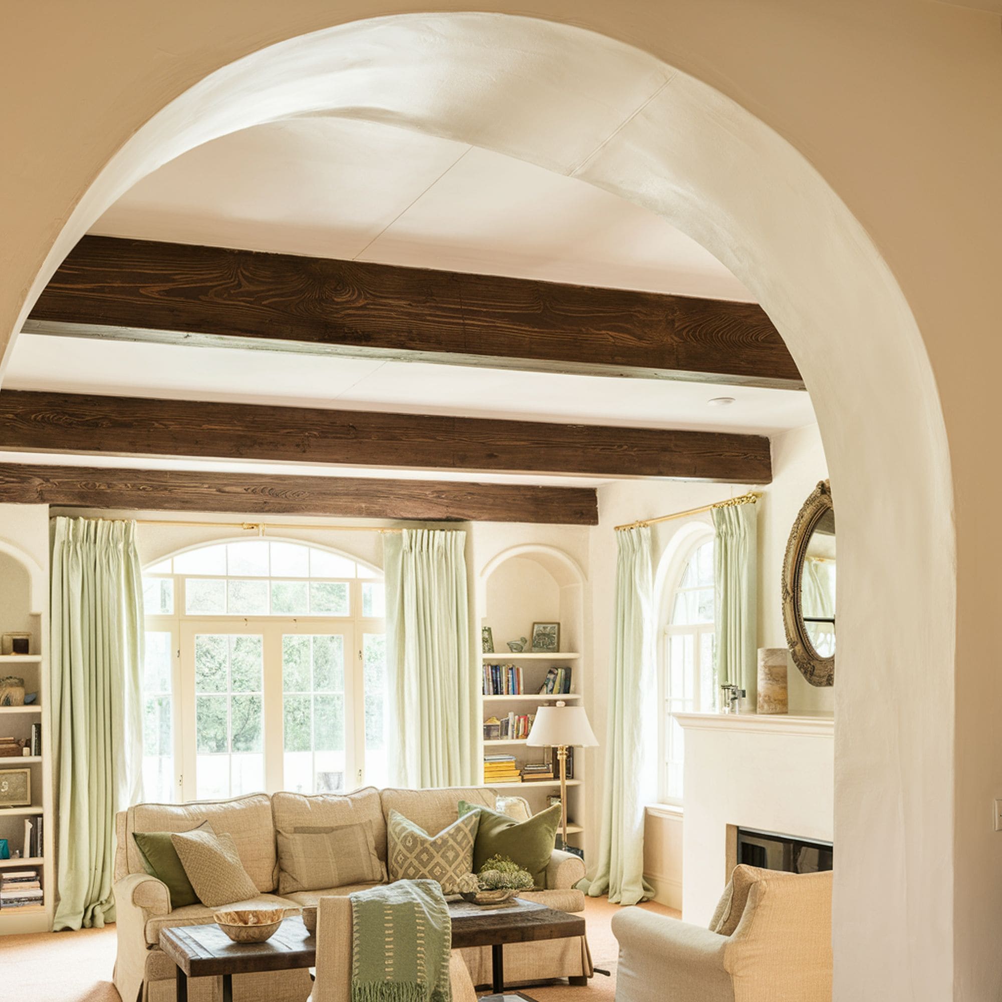 Living Room Featuring Arched Doorway and Wood Ceiling Beams