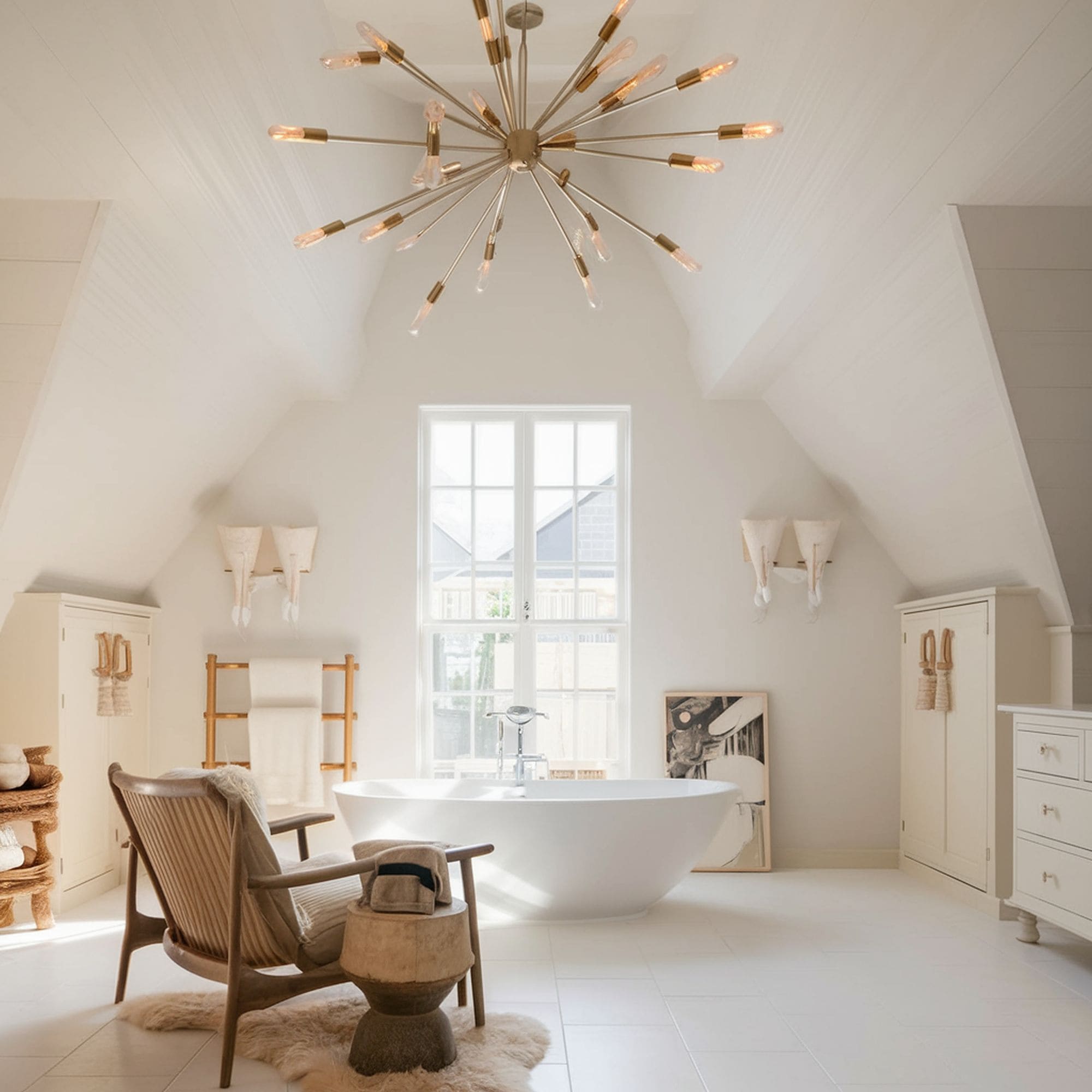 Stylish Attic Bathroom With Tall Ceiling
