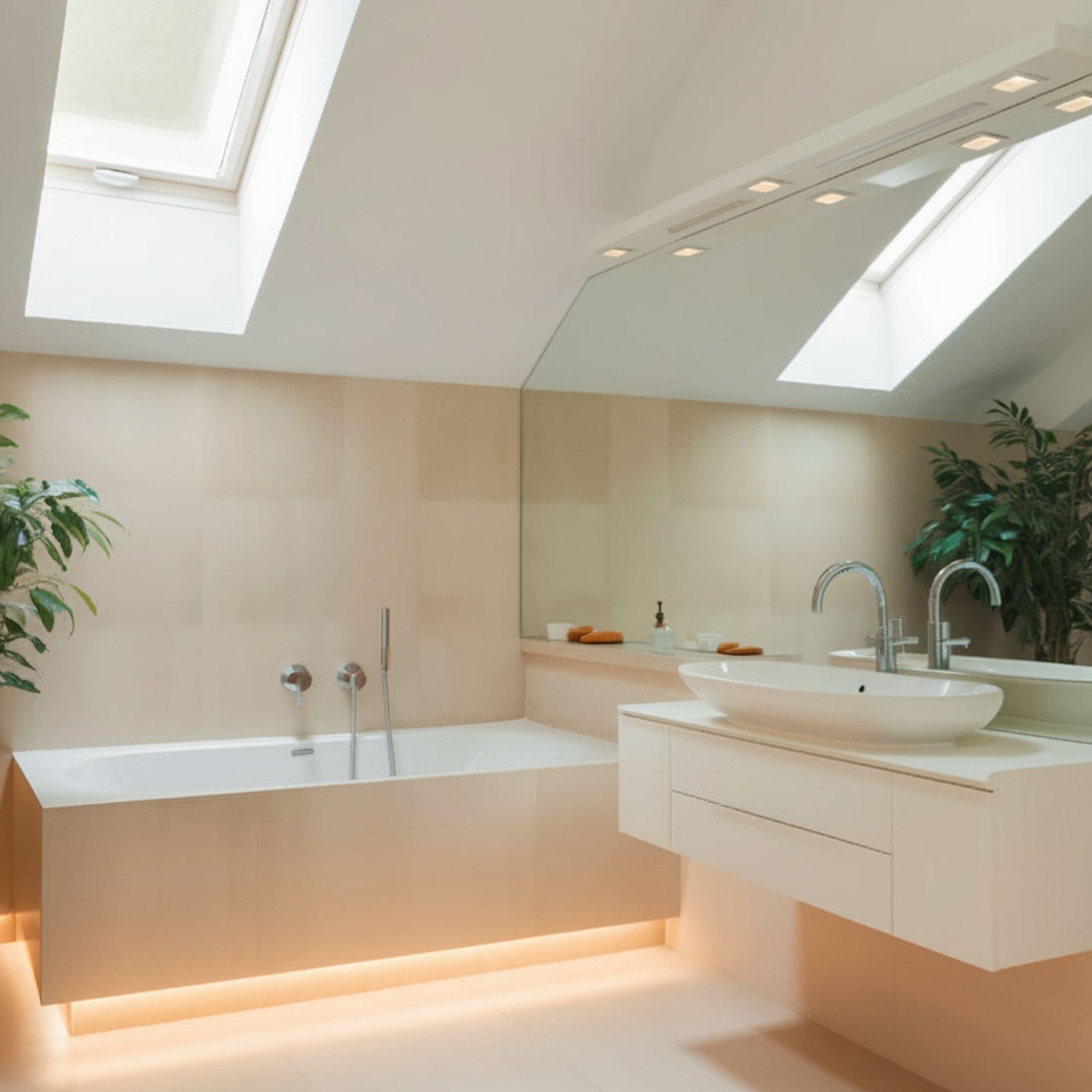 Modern Attic Bathroom With Illuminated Bathtub