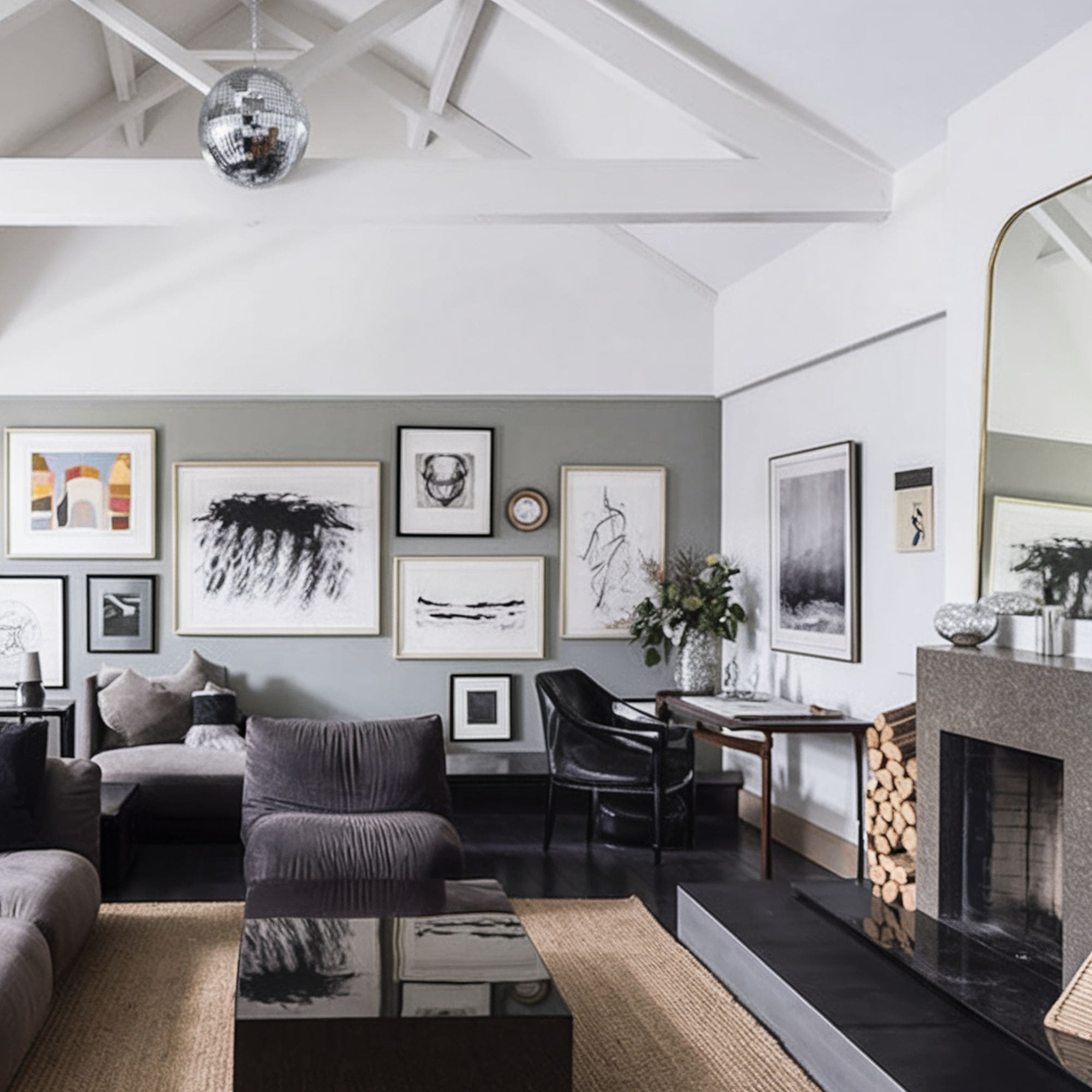 Disco Ball in Stylish Gray Living Room