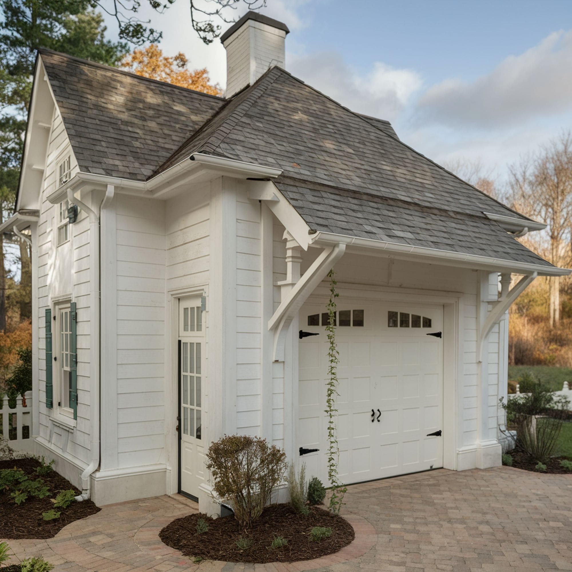 White Detached Garage With Gray Roof
