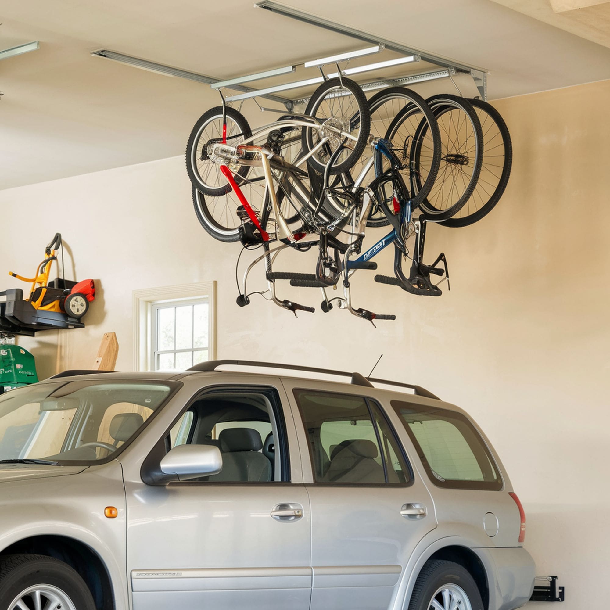 Bicycles Stored on Garage Ceiling Rack