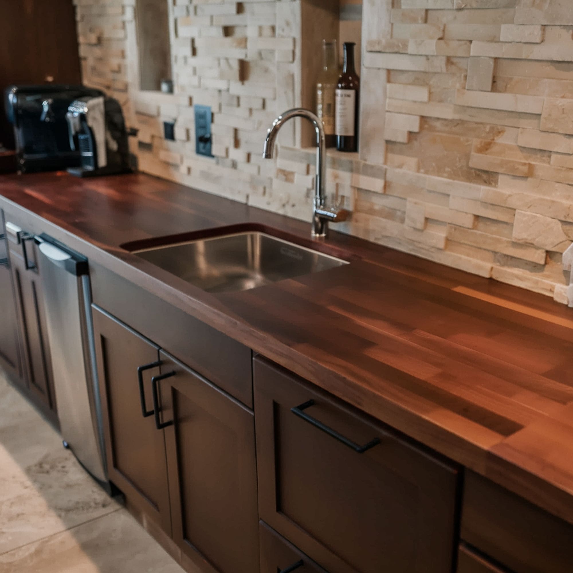 Brown Cabinets Kitchen With Butcher Block Countertop