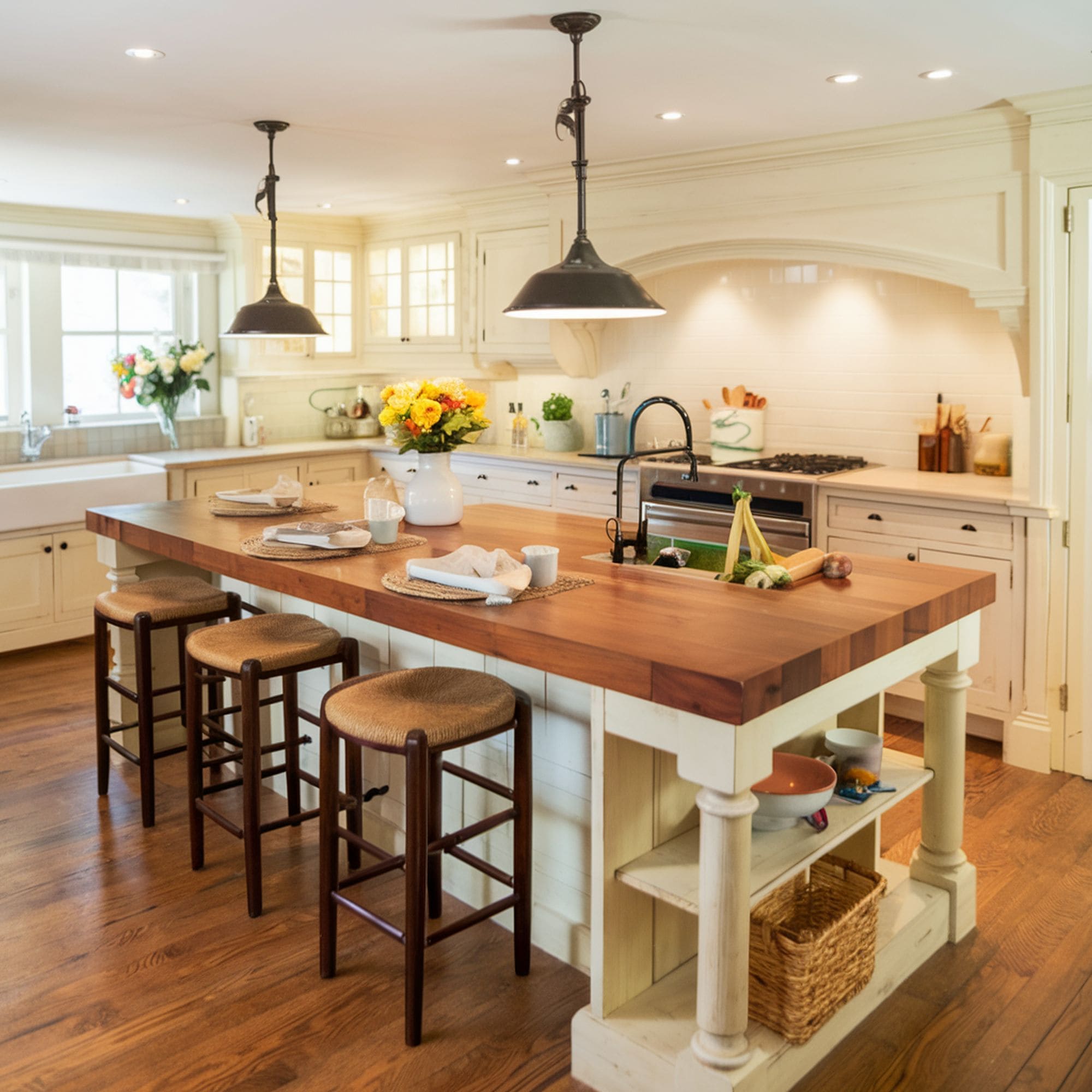 Butcher Block Countertop on White Kitchen Island
