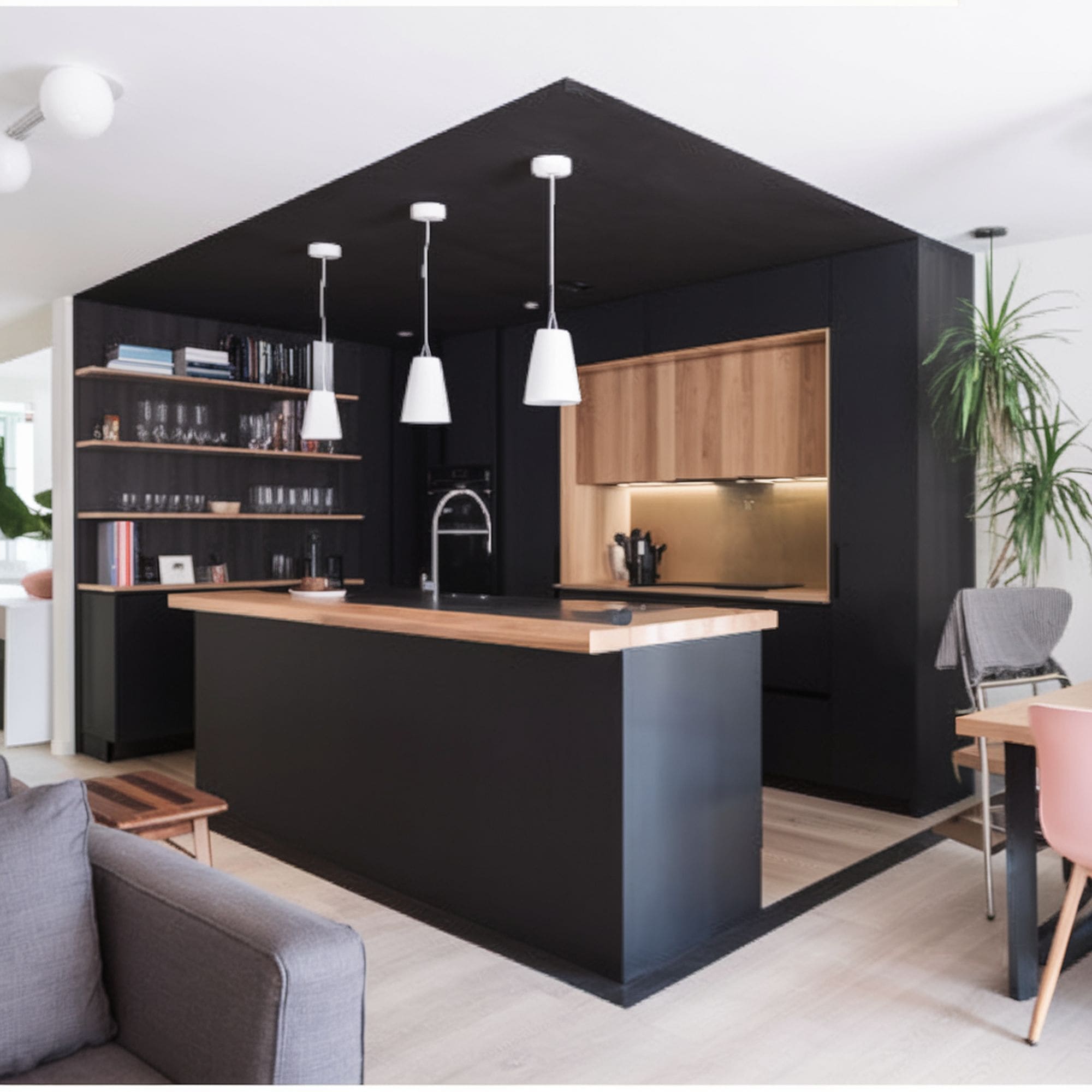 Black Kitchen With Butcher Block Countertop