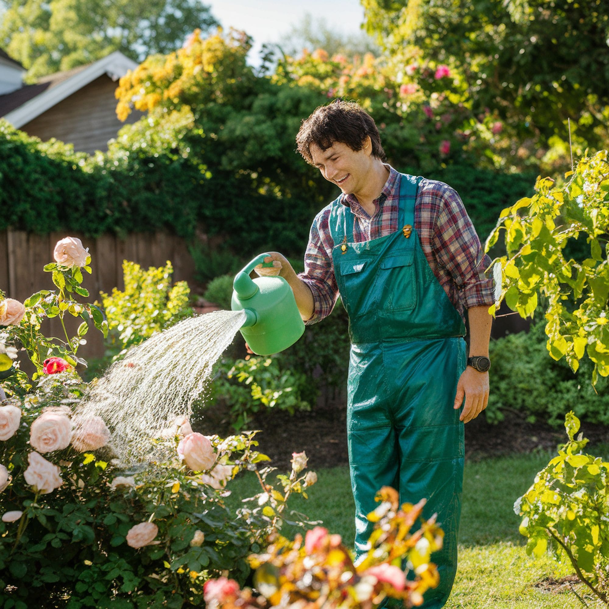 Man Watering Roses