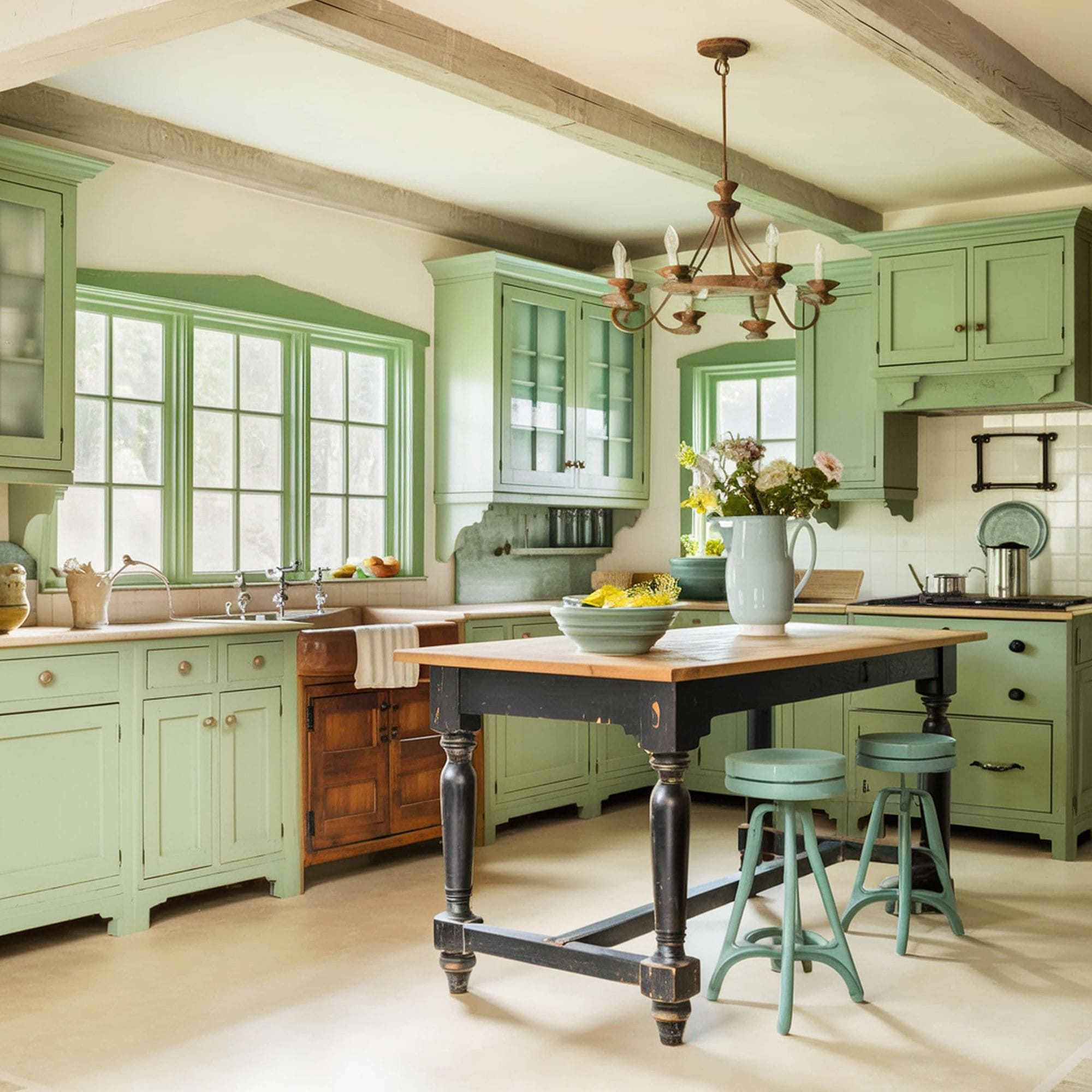Soft Green Painted Kitchen Cabinets