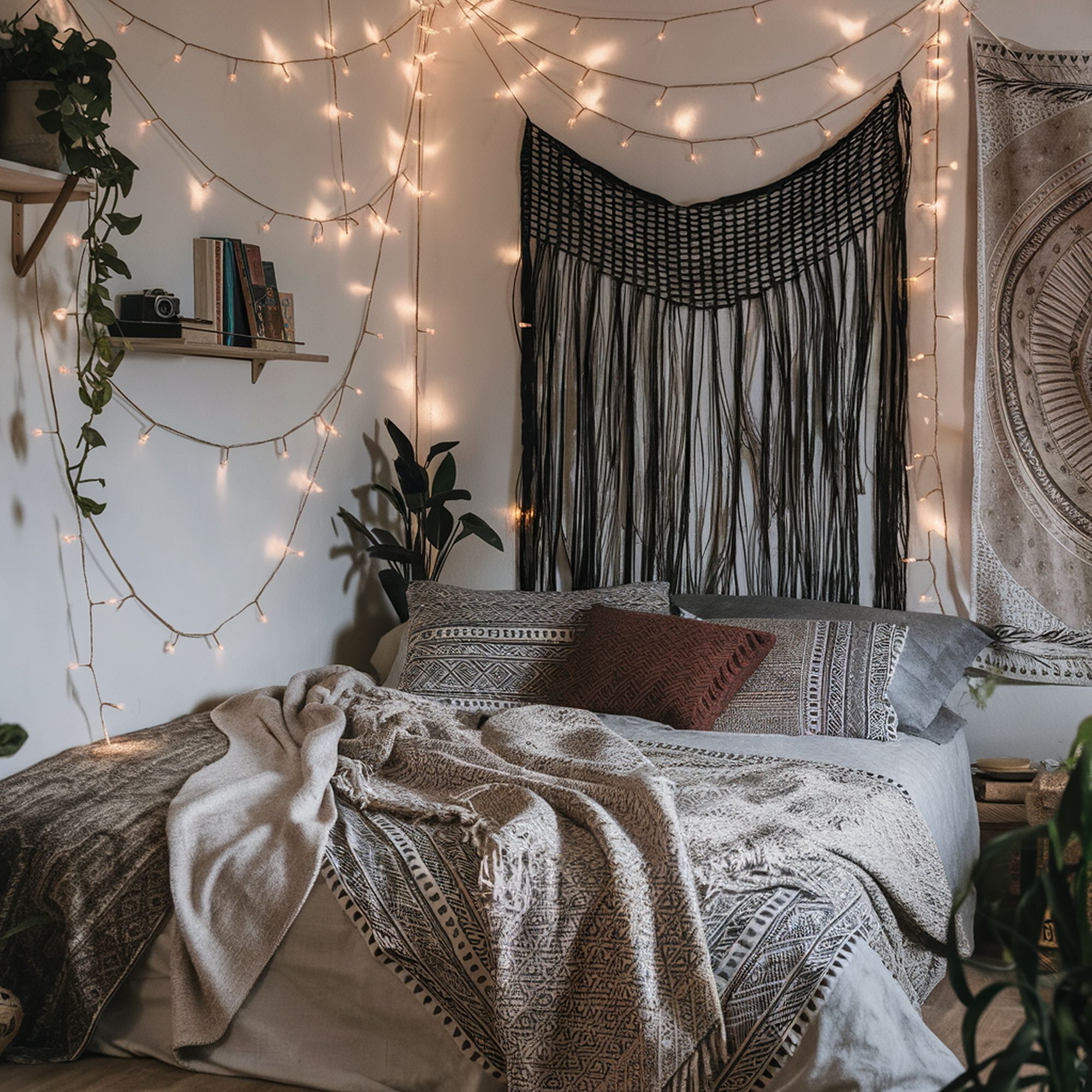 BoHo Bedroom With String Lights