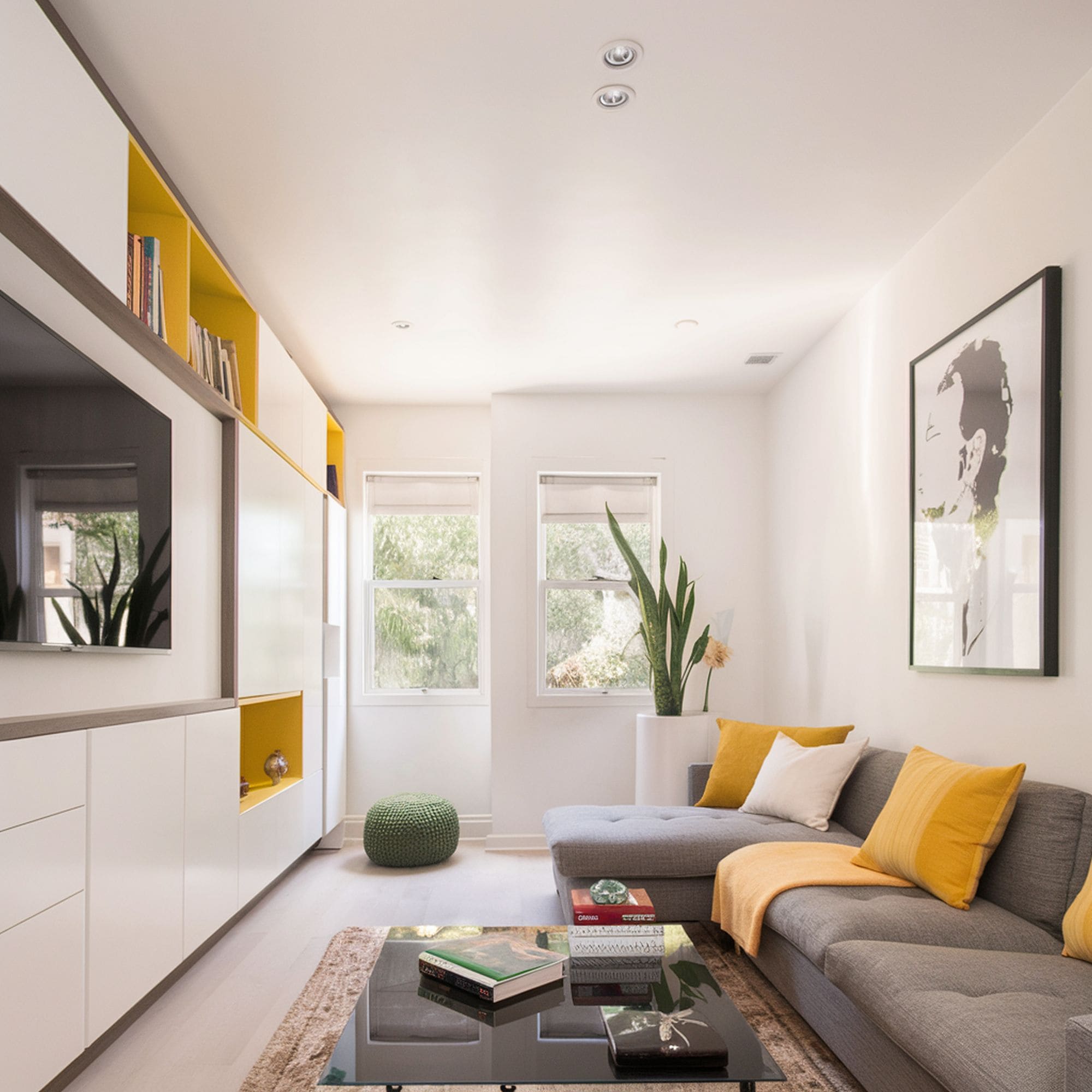 Long and Narrow Living Room With Storage Cubbies