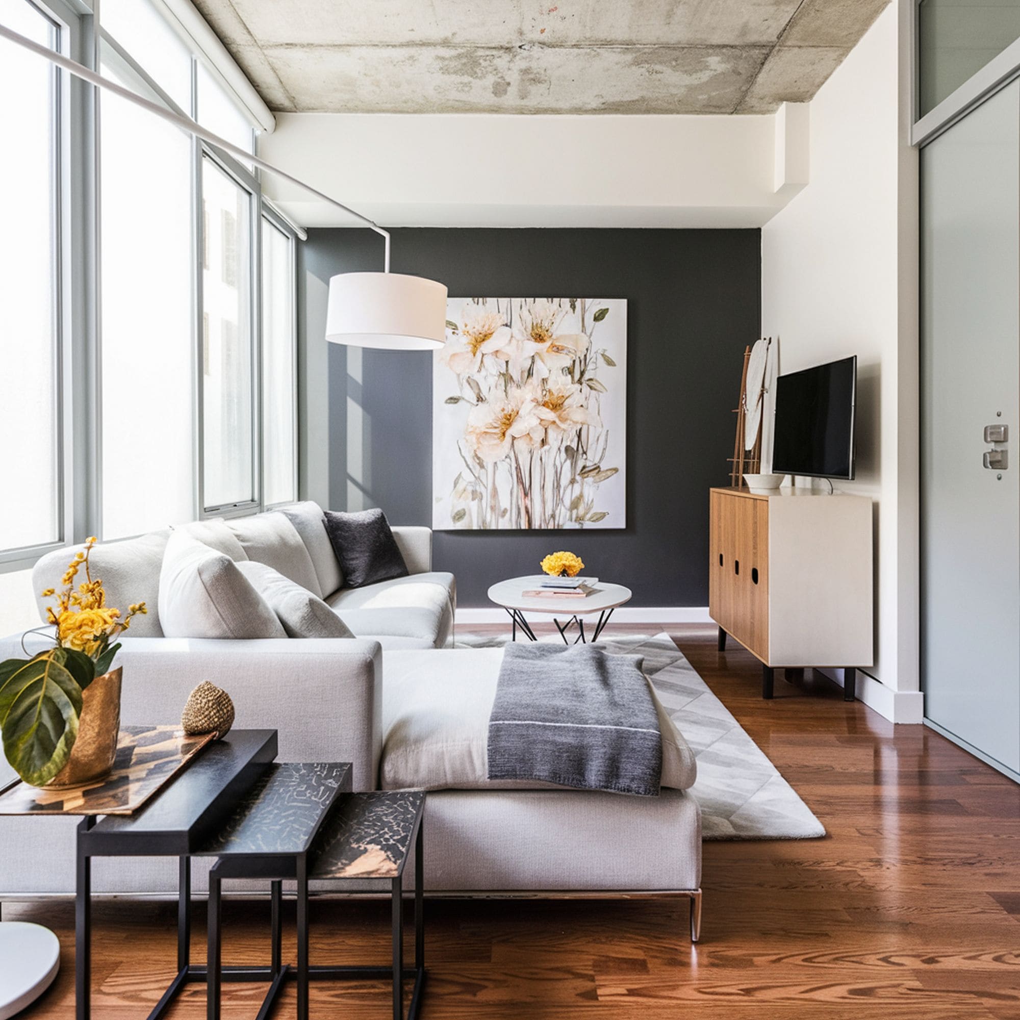 Long and Narrow Living Room With Gray Sofa