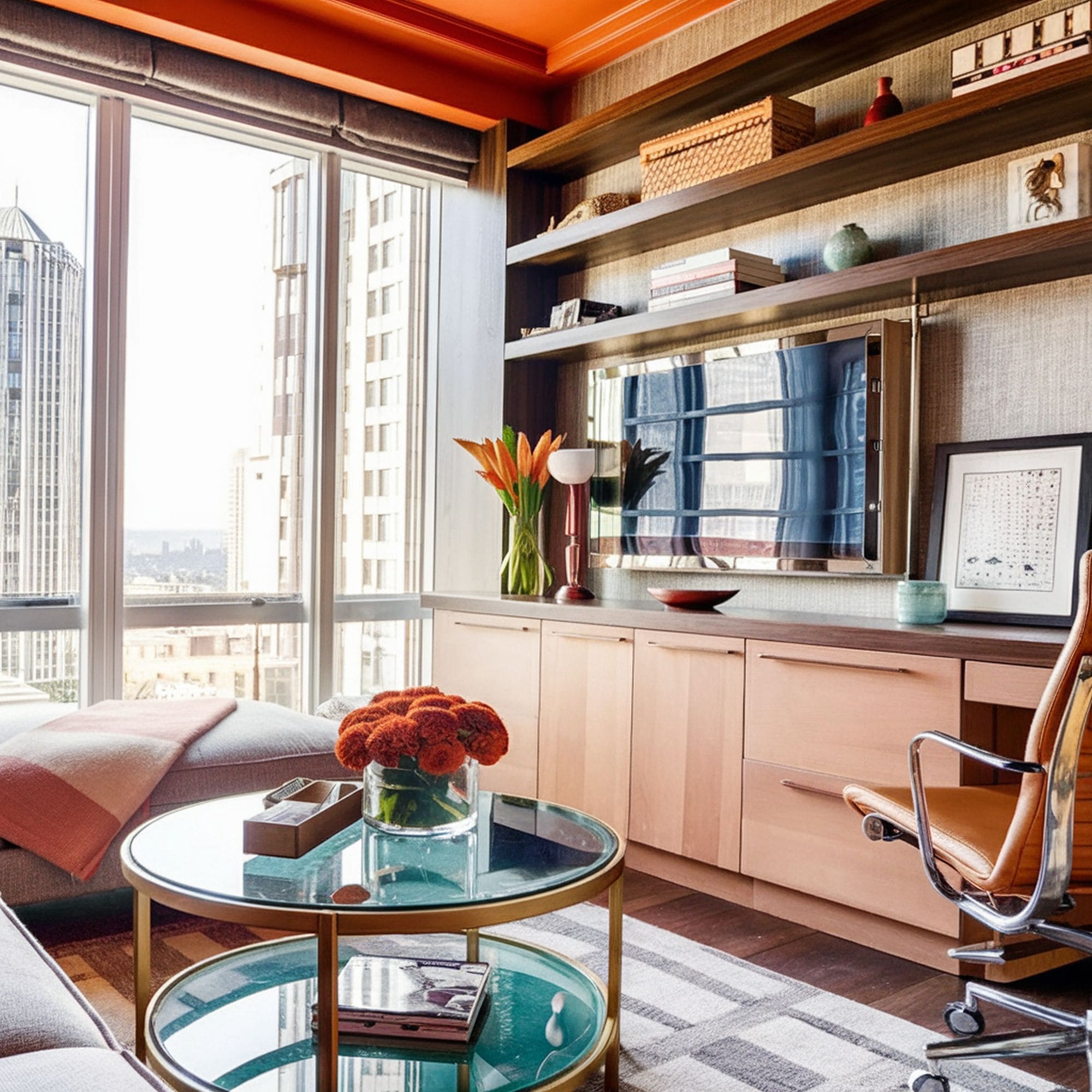 Long and Narrow Living Room With Round Coffee Table