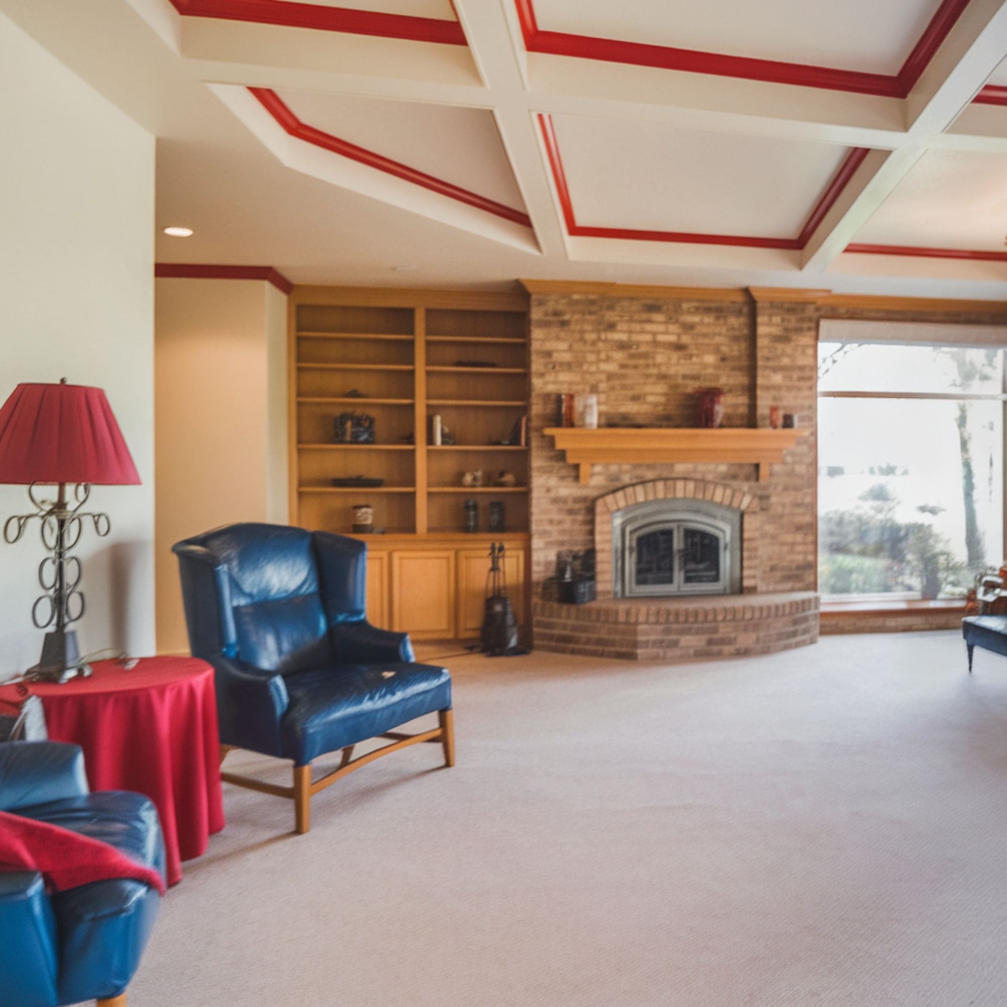 Red Accented Coffered Ceiling