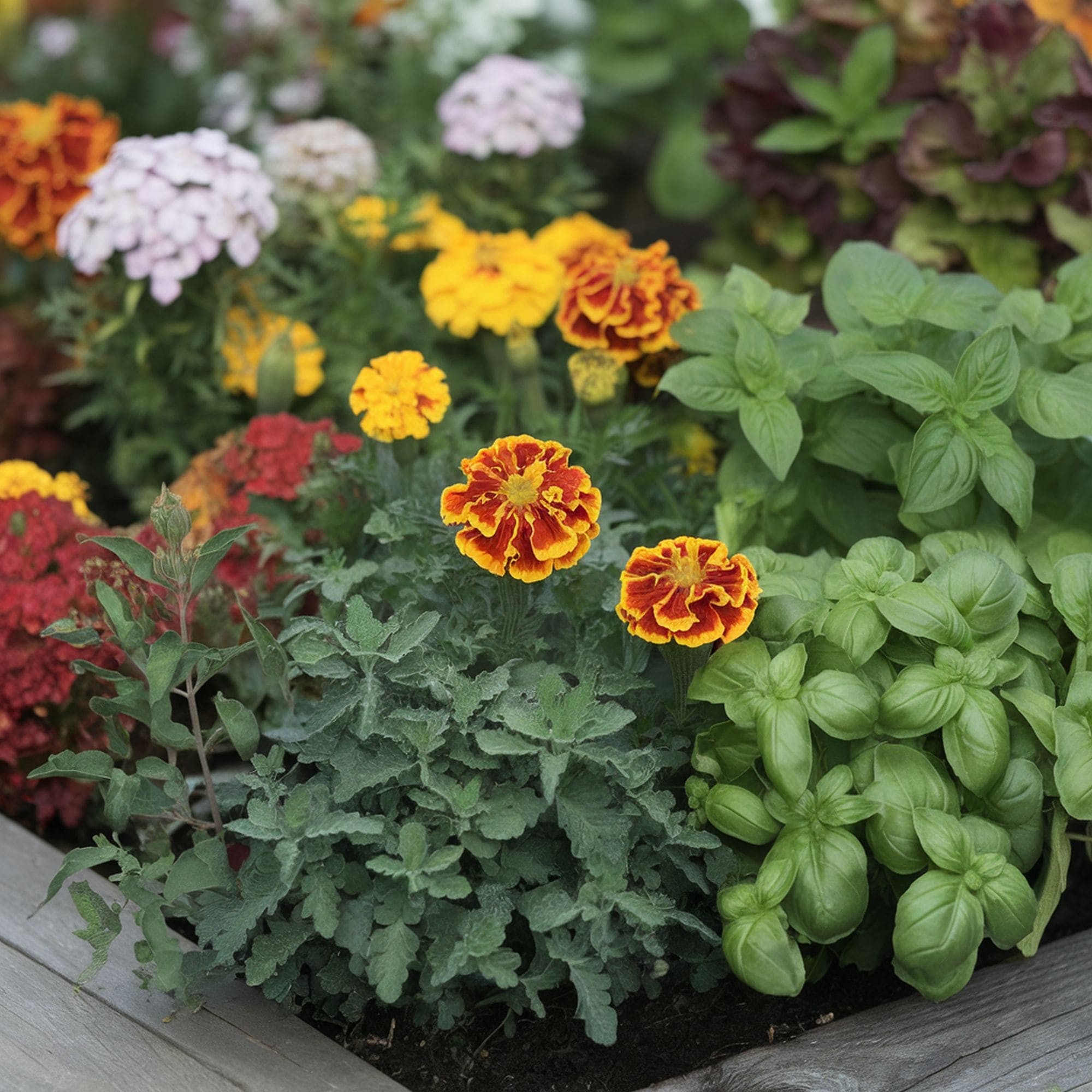 Garden Corner Featuring Marigold Basil and Catnip