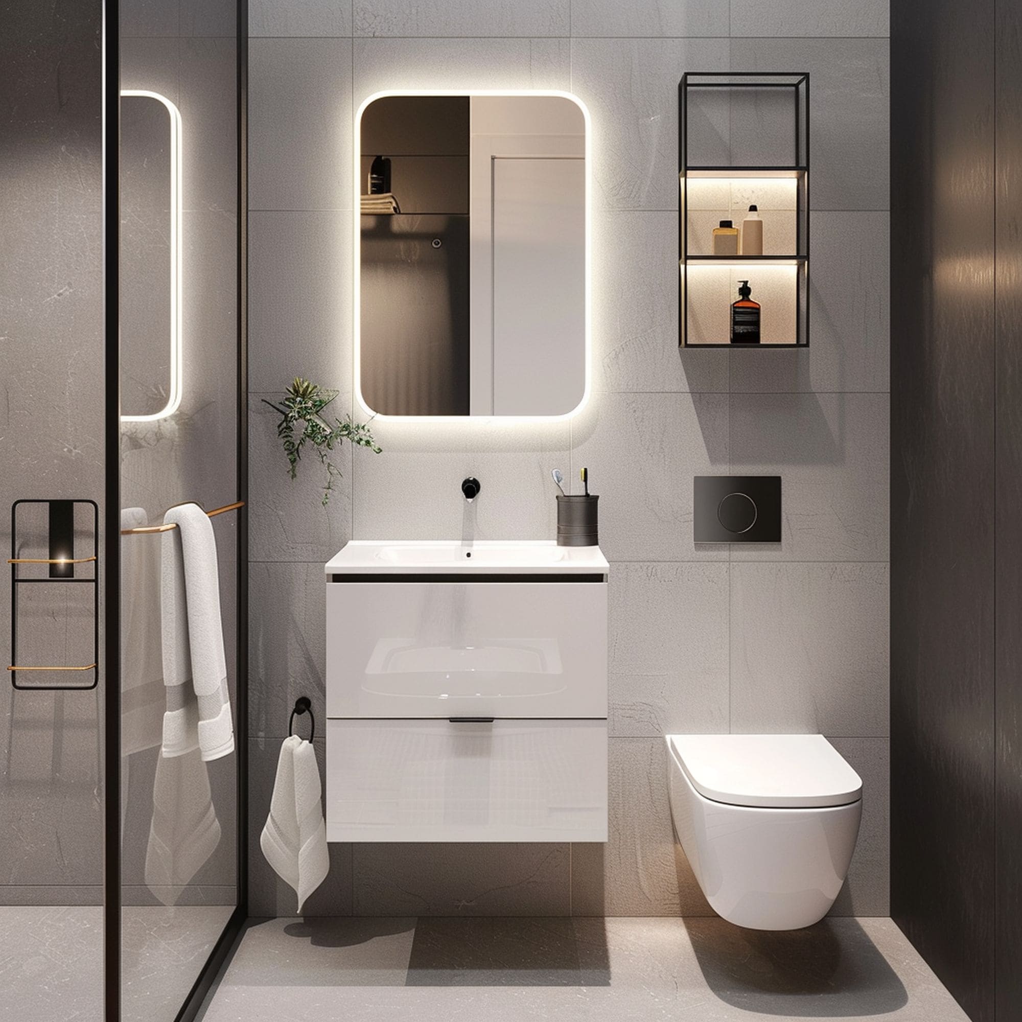 Minimalist Small Bathroom With Illuminated Mirror