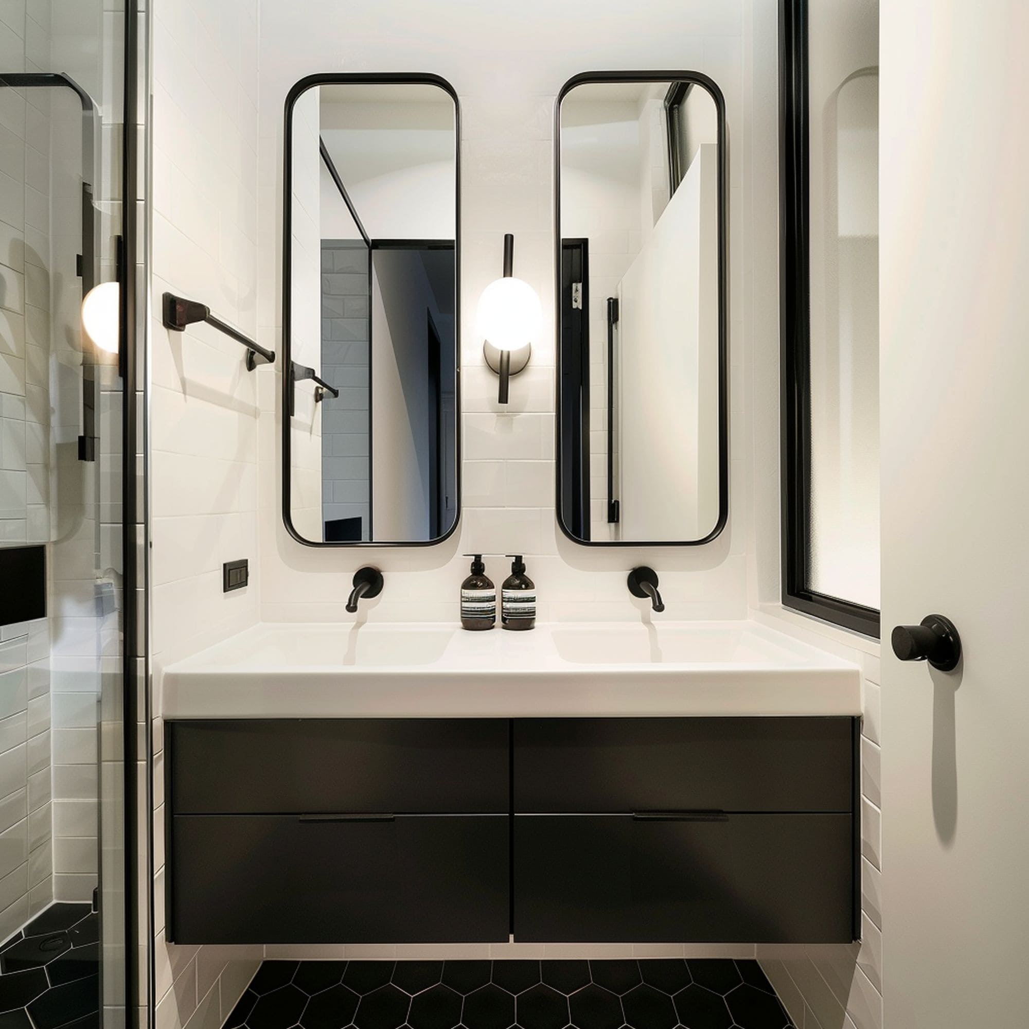 Small Bathroom With Mirrors Arranged Symmetrically