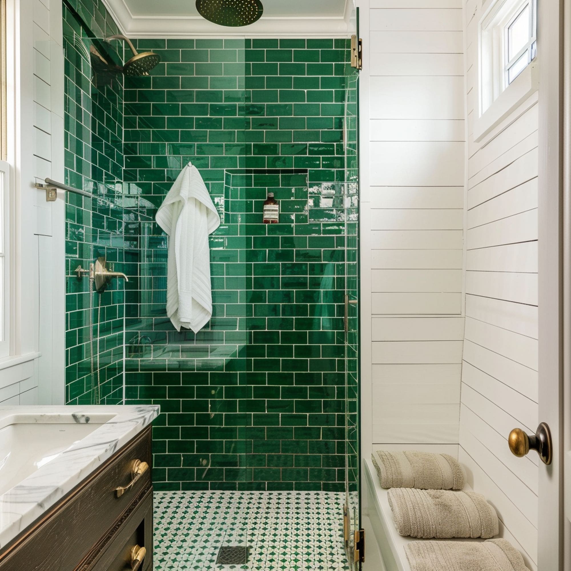 Small Bathroom With Emerald Green Shower Tile Focal Point