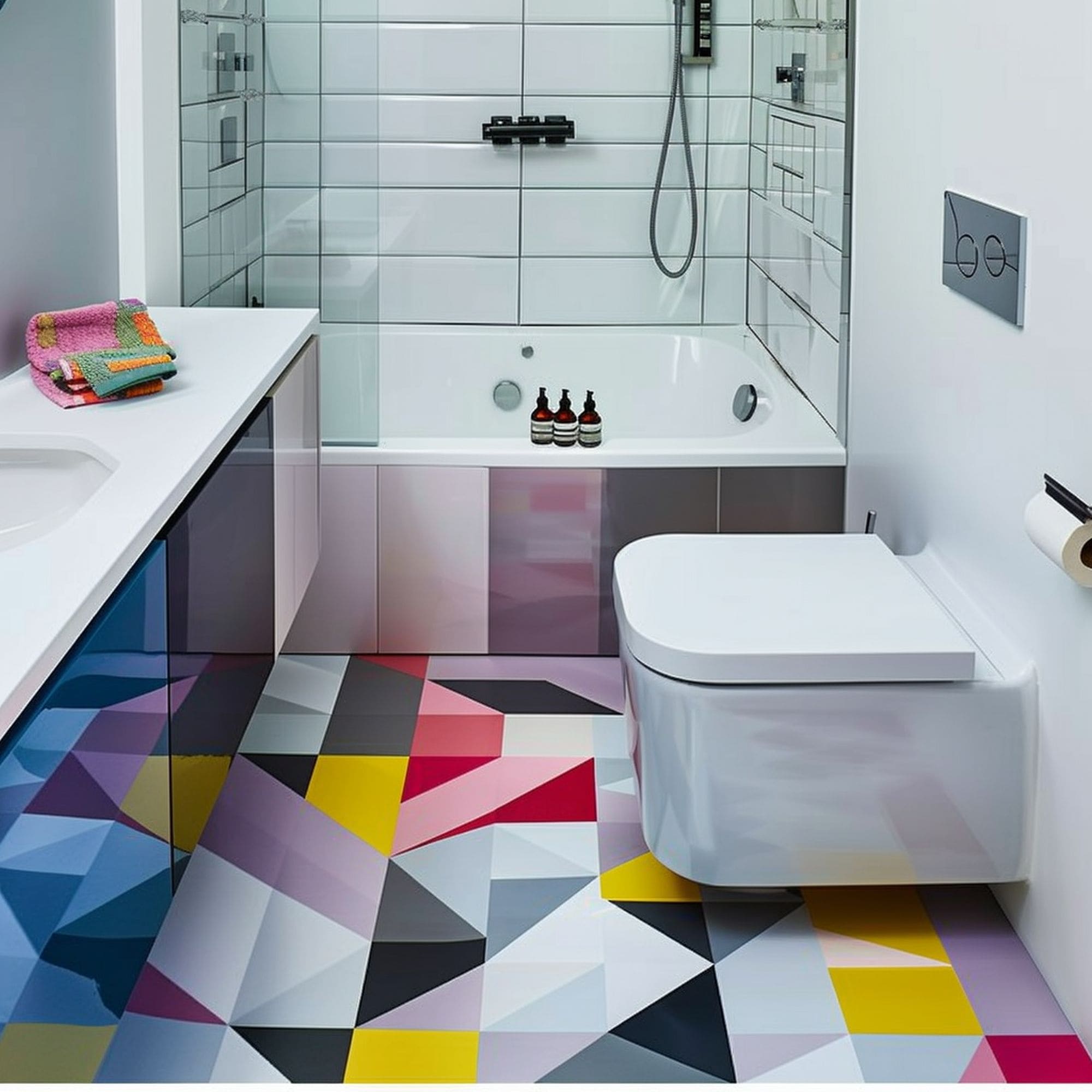 Small Bathroom With Colorful Geometric Floor